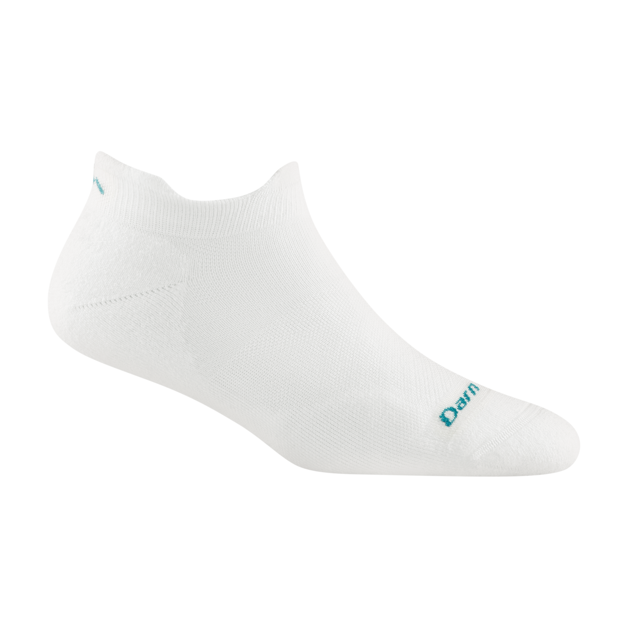 1047 women's no show tab running sock in color white with teal darn tough signature on forefoot
