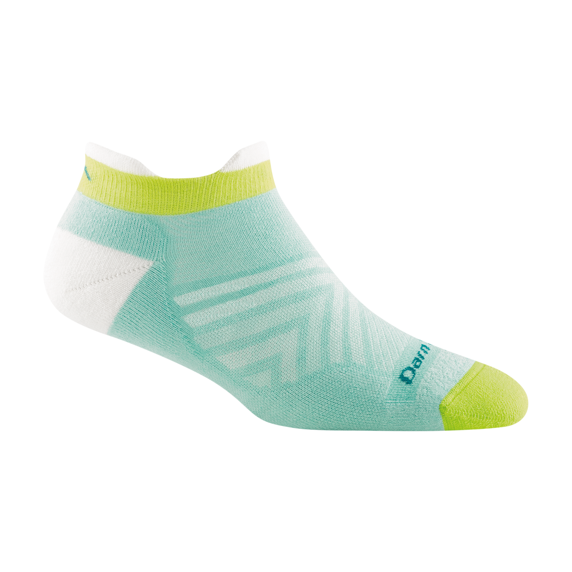 1052 women's coolmax run no show tab running sock in color aqua with lime green toe/tab and white heel accents