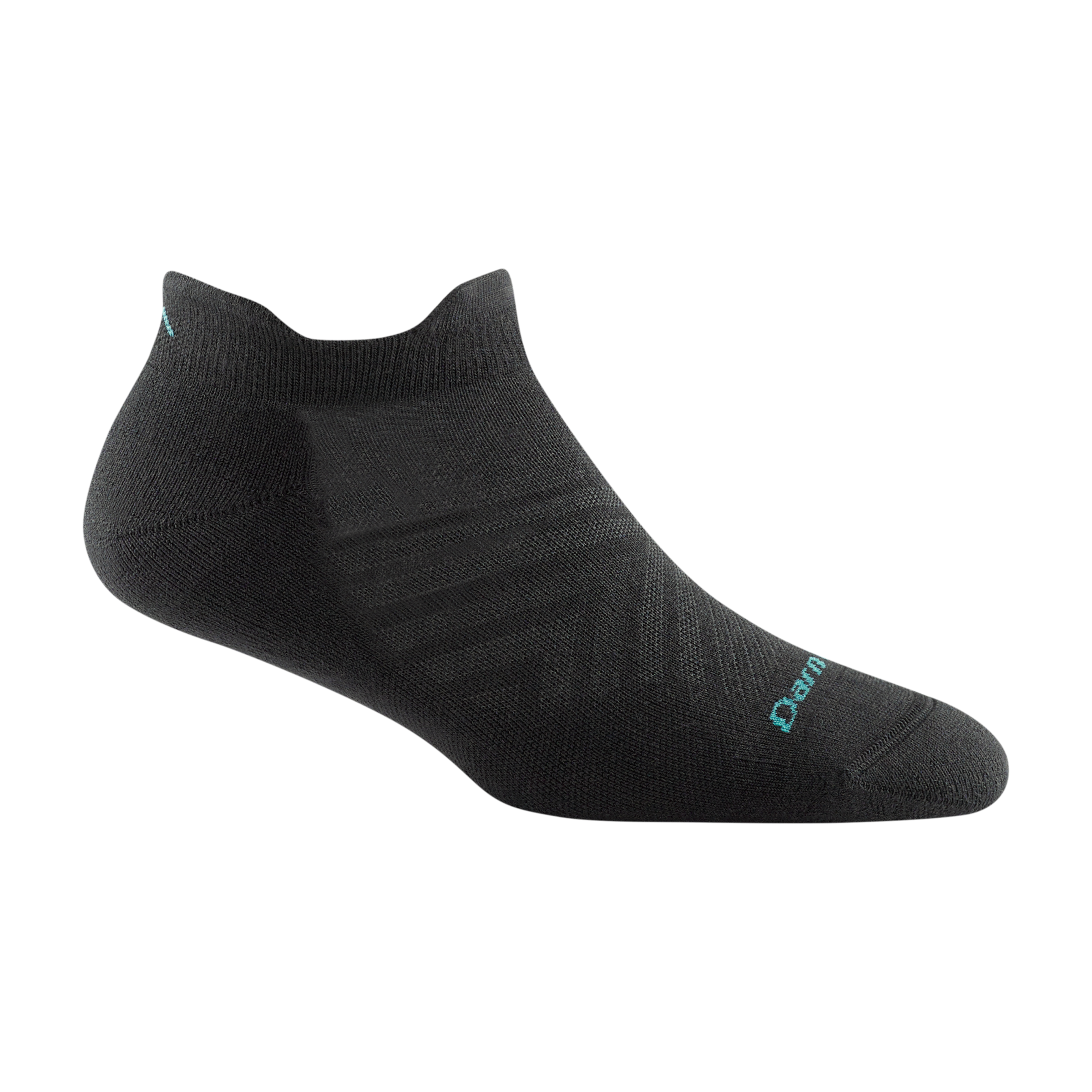 1052 women's coolmax run no show tab running sock in black with light blue darn tough signature on forefoot