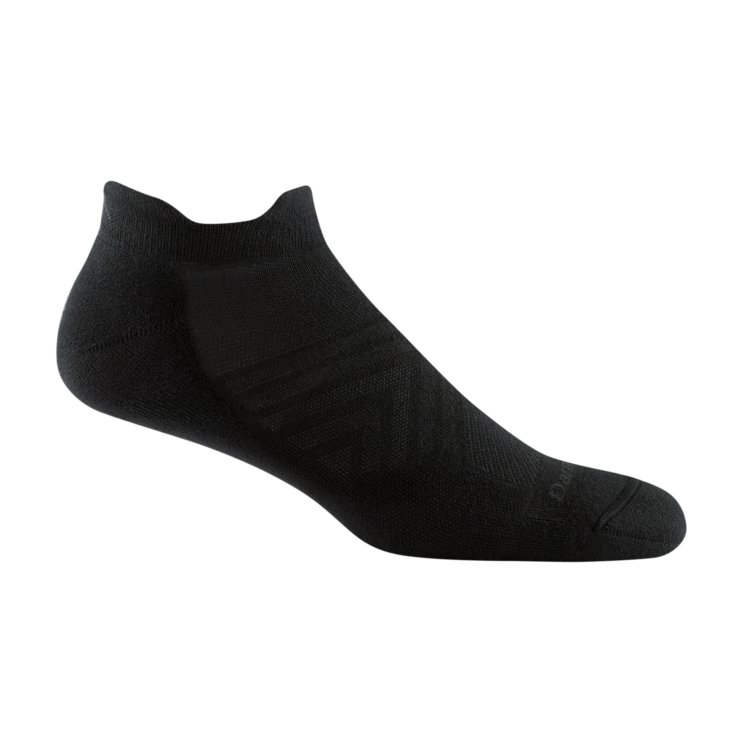 1054 men's coolmax no show tab running sock in black with dark gray darn tough signature on forefoot