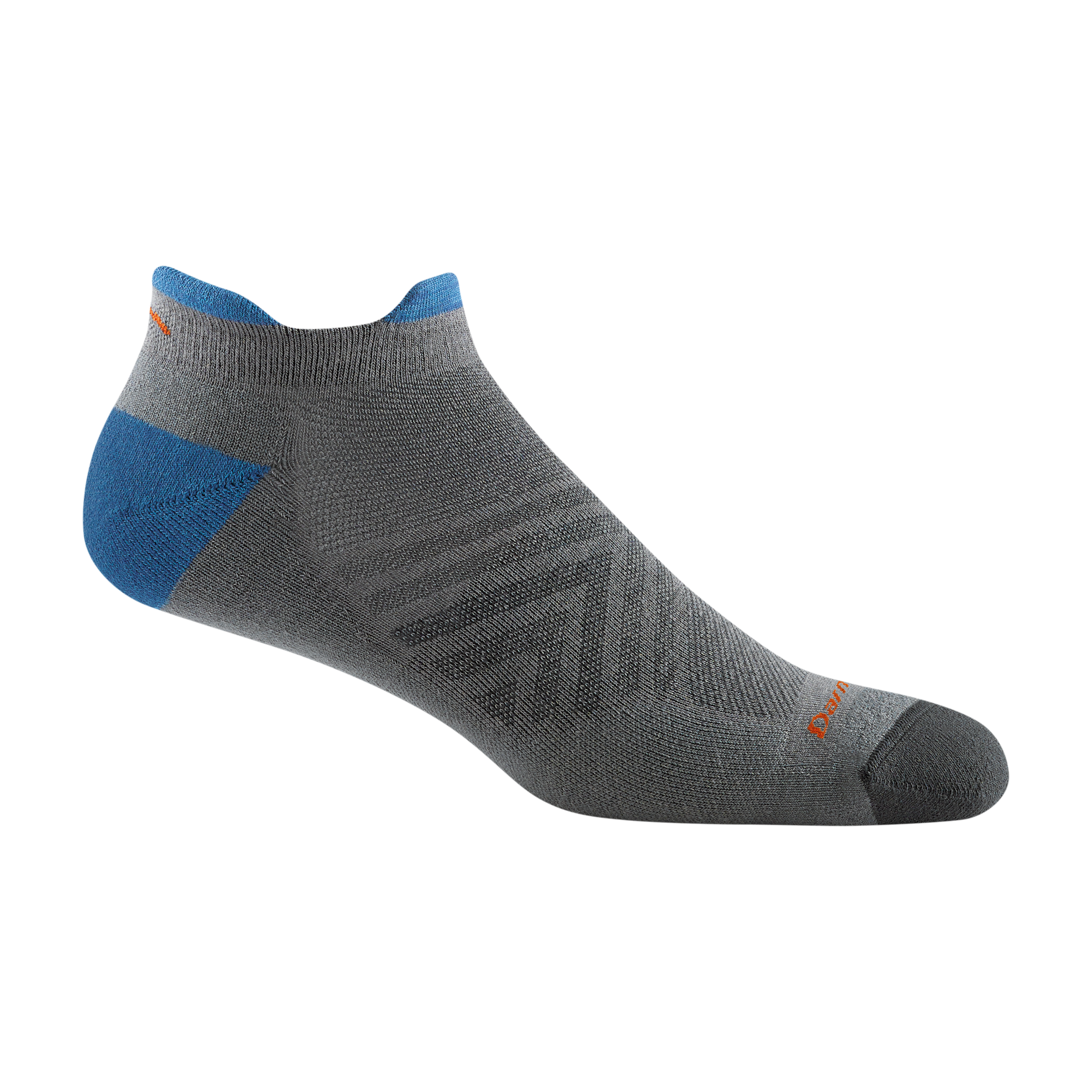 1054 men's coolmax no show tab running sock in gray with dark grey toe, blue heel/tab and orange darn tough signature