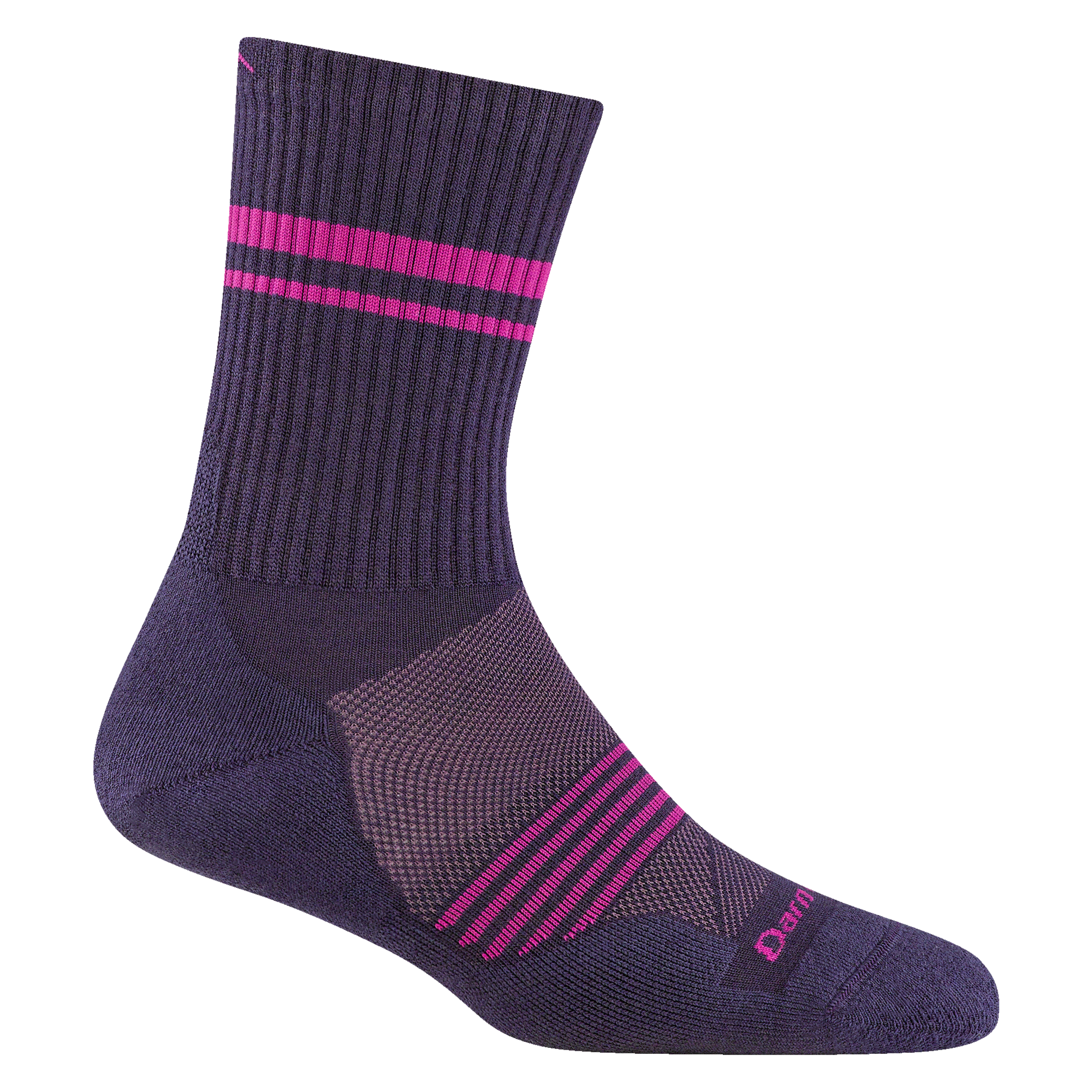 1114 women's element micro crew running sock in blackberry with pink forefoot striping and horizontal leg stripes