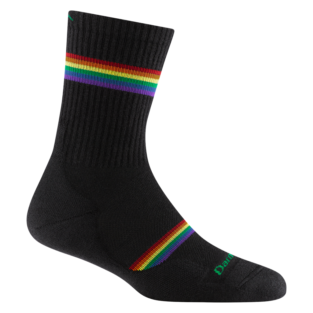 1115 women's prism micro crew running sock in black with rainbow forefoot and calf striping and green darn tough signature