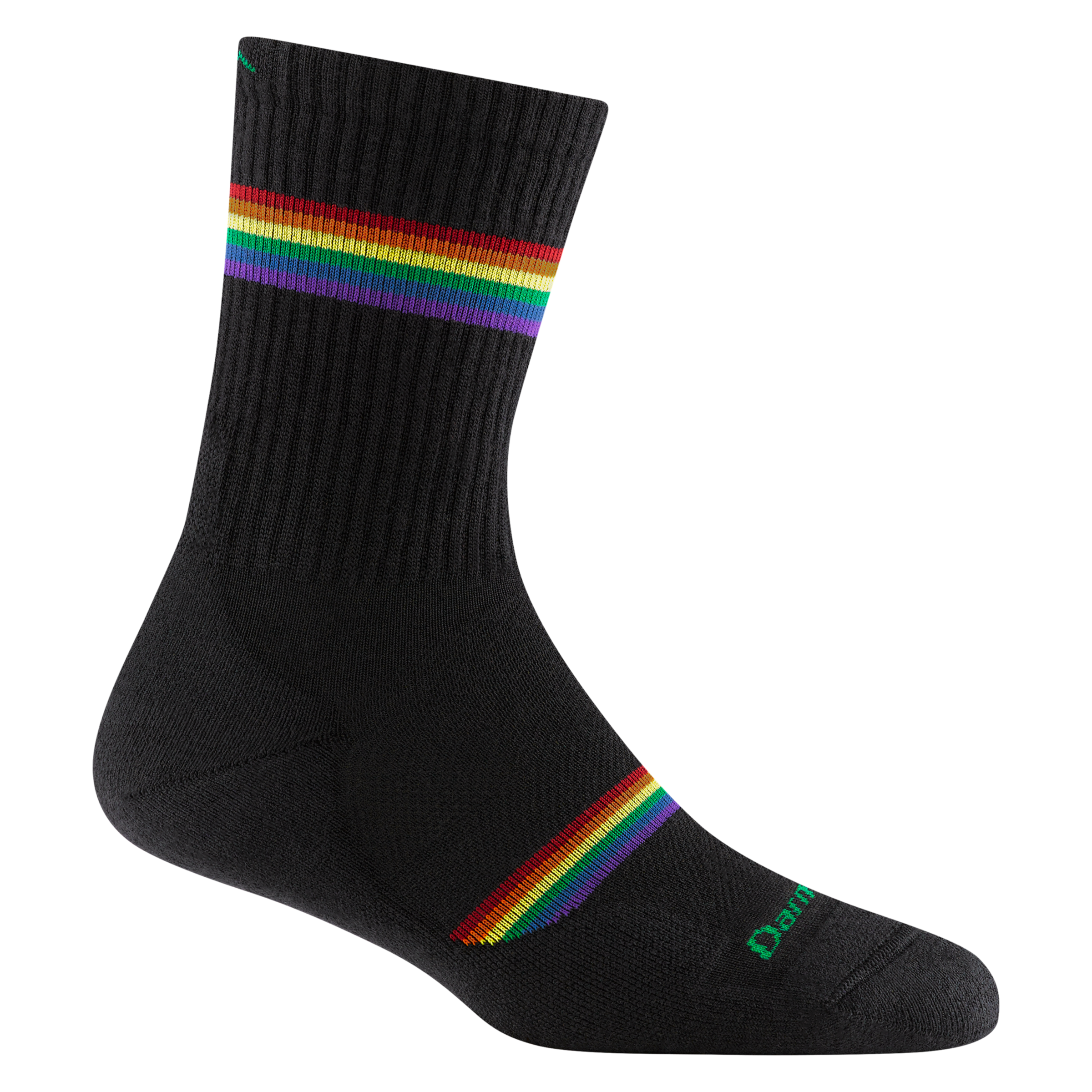 1115 women's prism micro crew running sock in black with rainbow forefoot and calf striping and green darn tough signature