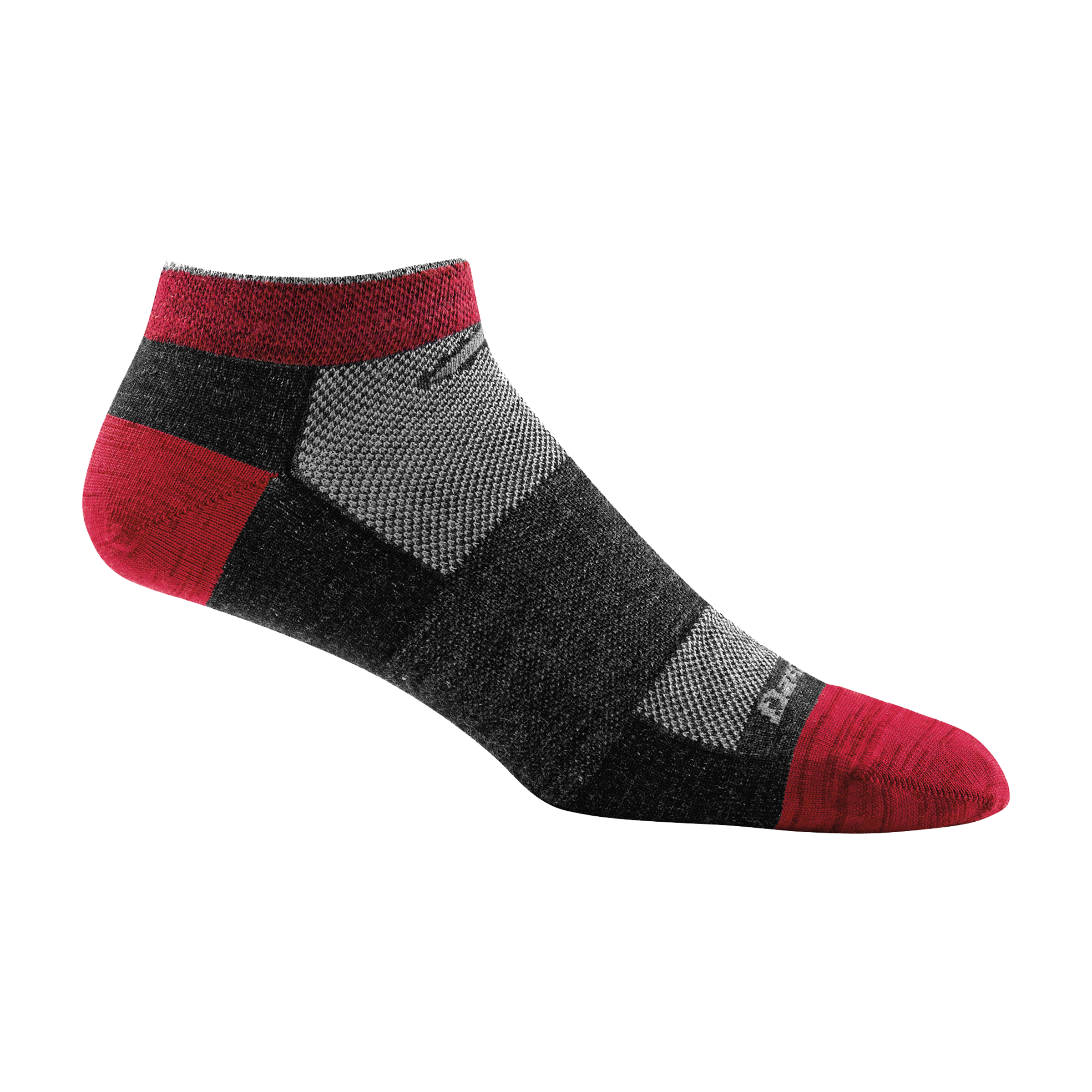 1437 men's no show athletic sock in color dark gray with red toe/heel accent and light gray forefoot color block