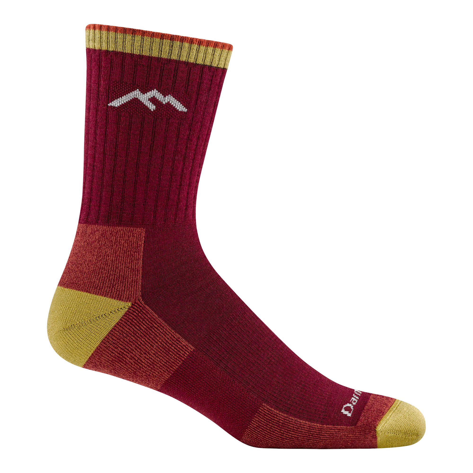 1466 midweight micro crew hiker in burgundy colorway featuring a red body yellow heel/toe and off white logo