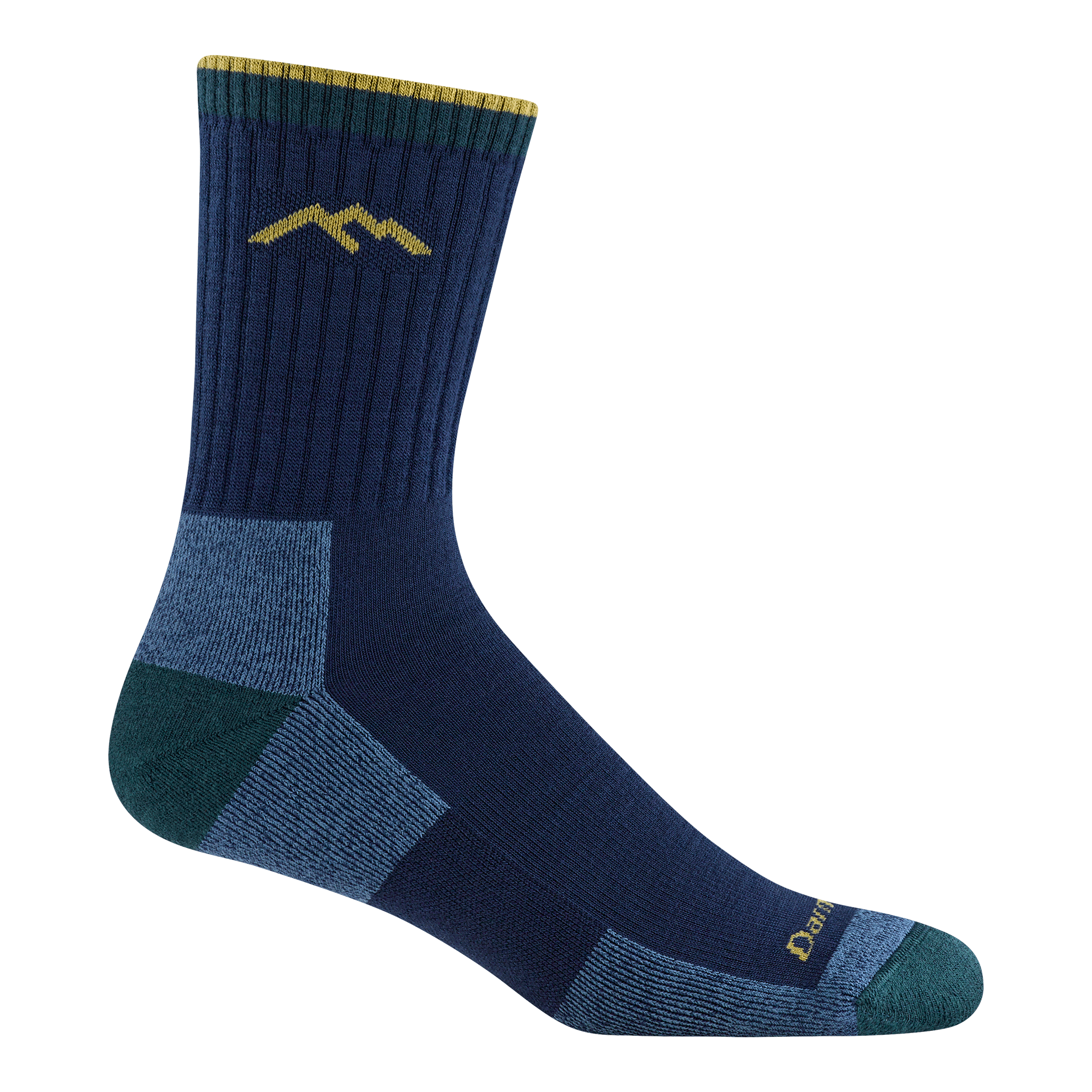 1466 midweight micro crew hiker in ink colorway featuring navy body green heel/toe and yellow logo