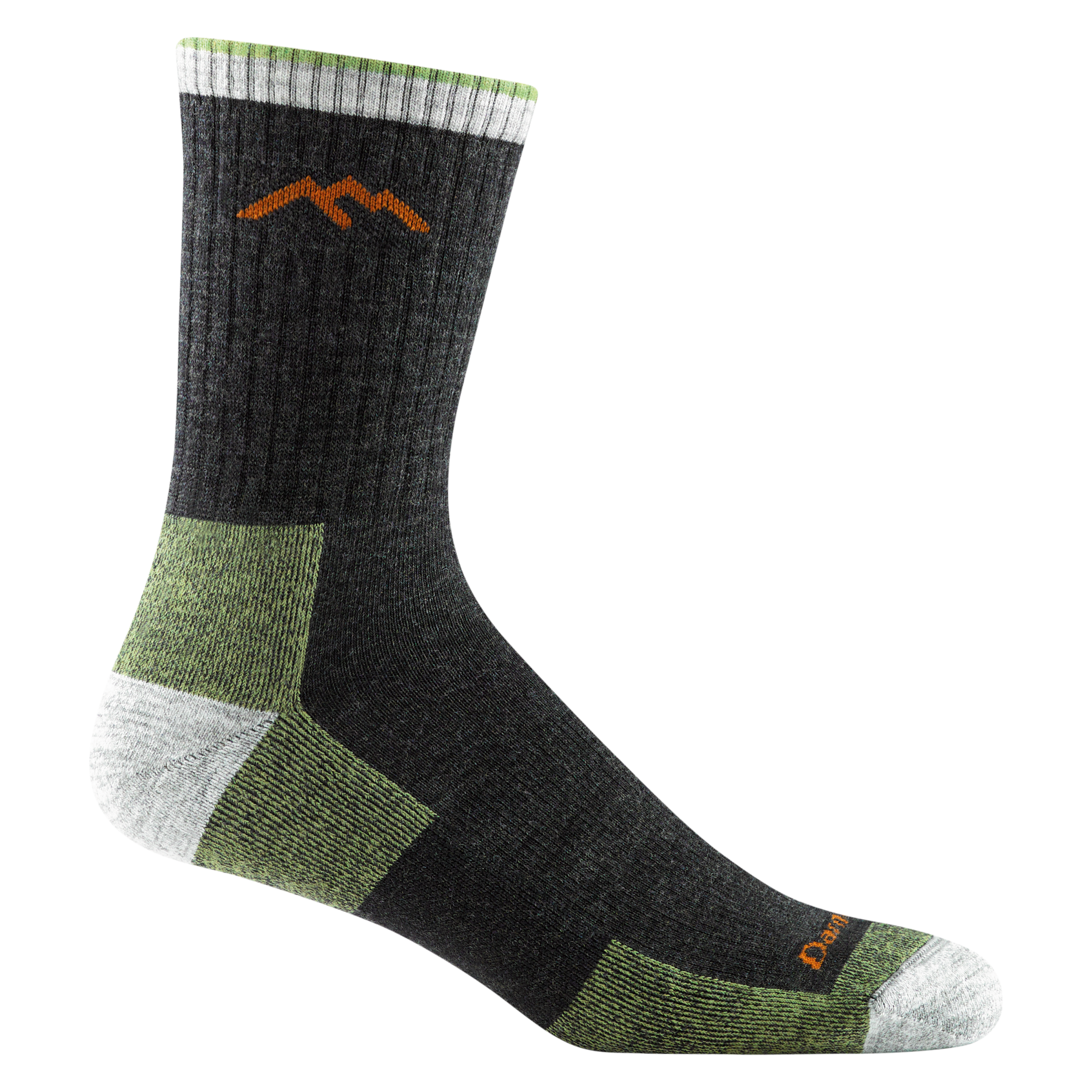 1466 men's micro crew hiking sock in dark green with white toe/heel accents and lime green color block on bottom