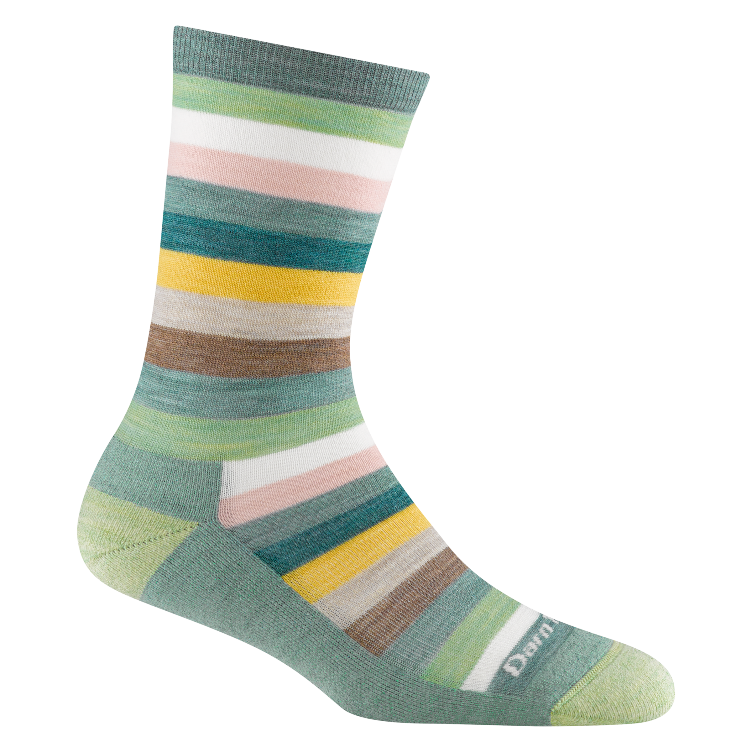1644 women's mystic stripe crew lifestyle sock in seafoam with light green toe/heel accents and brown, yellow and green striping