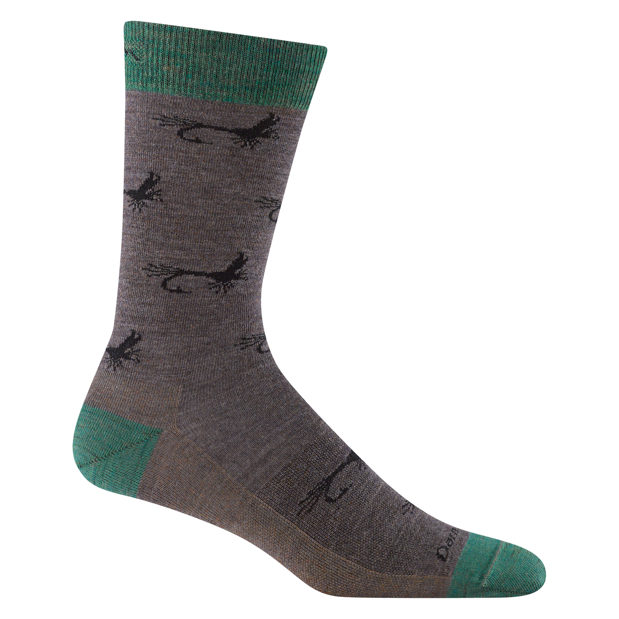 Product shot of 1671 Mcfly crew sock in Taupe colorway featuring green heel, toe, and cuff accents with fly fishing lure pattern.