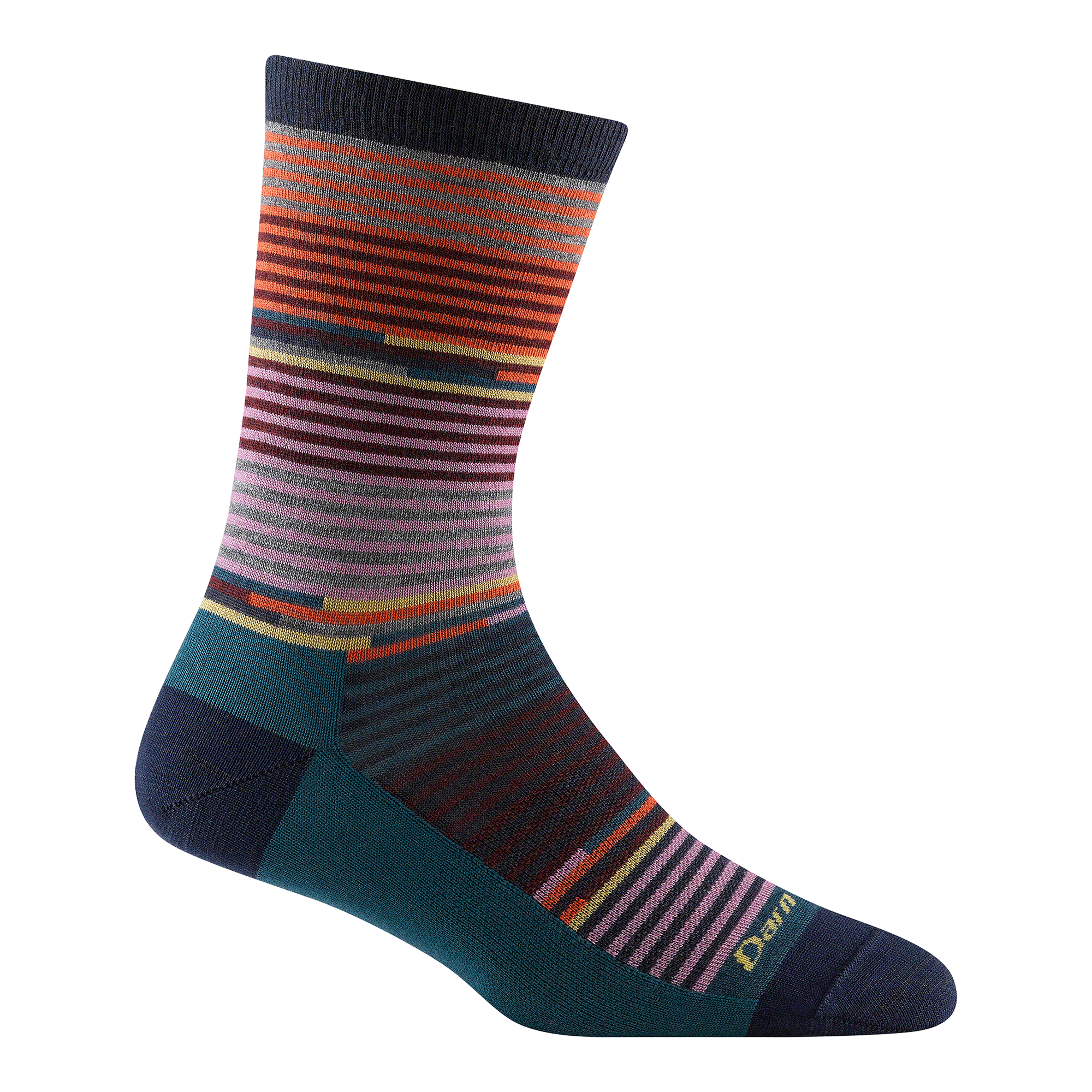 692 women's pixie crew lifestyle sock in color navy with orange, pink, teal and yellow striping