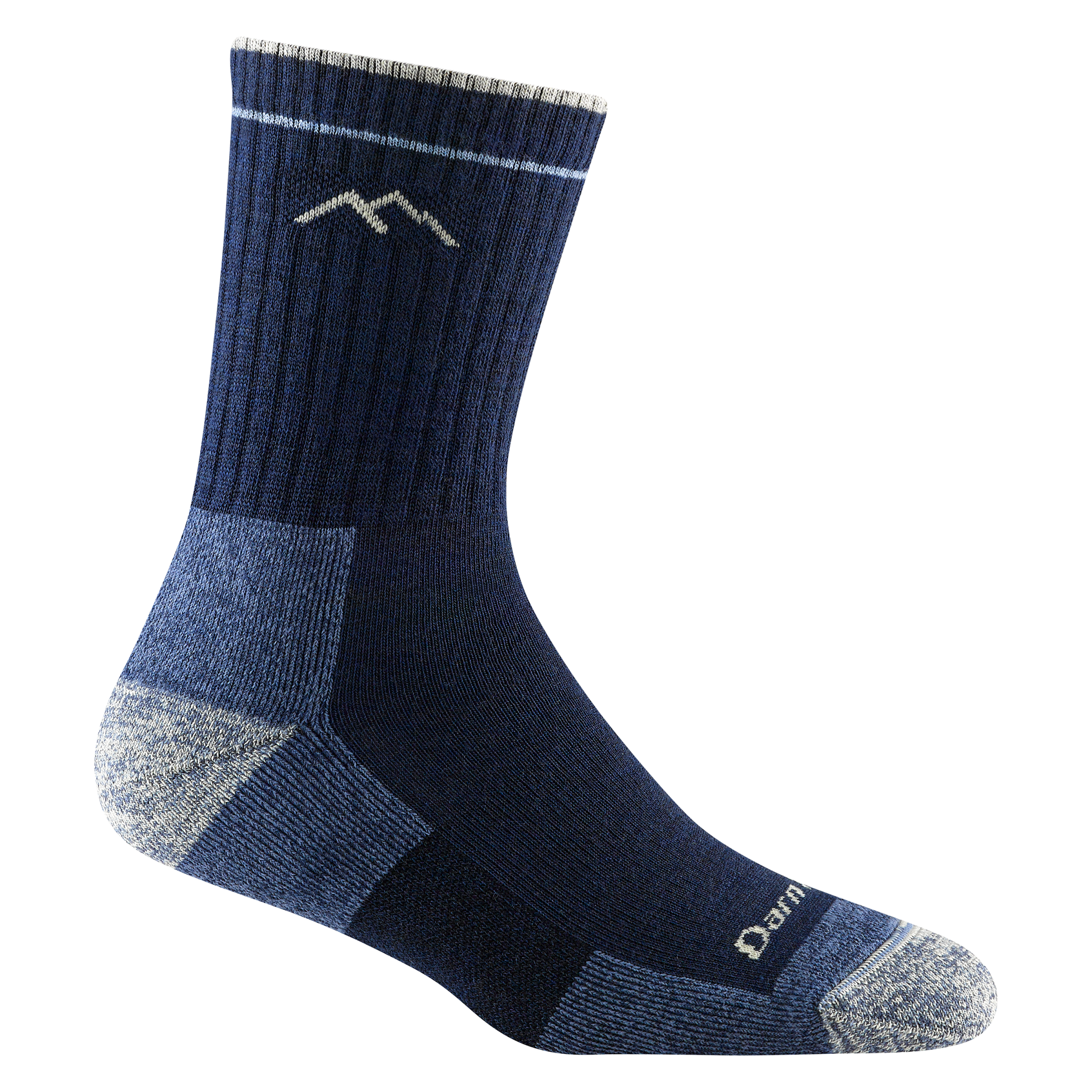 1903 women's micro crew hiking sock in color navy blue with gray toe/heel accents and light blue color block details