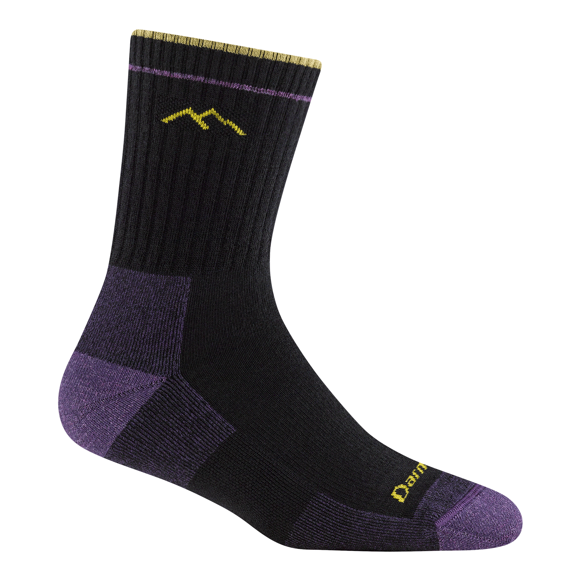 1903 Midweight hiker micro crew in shadow colorway with a dark purple body, light purple heel/toe, and yellow logo 