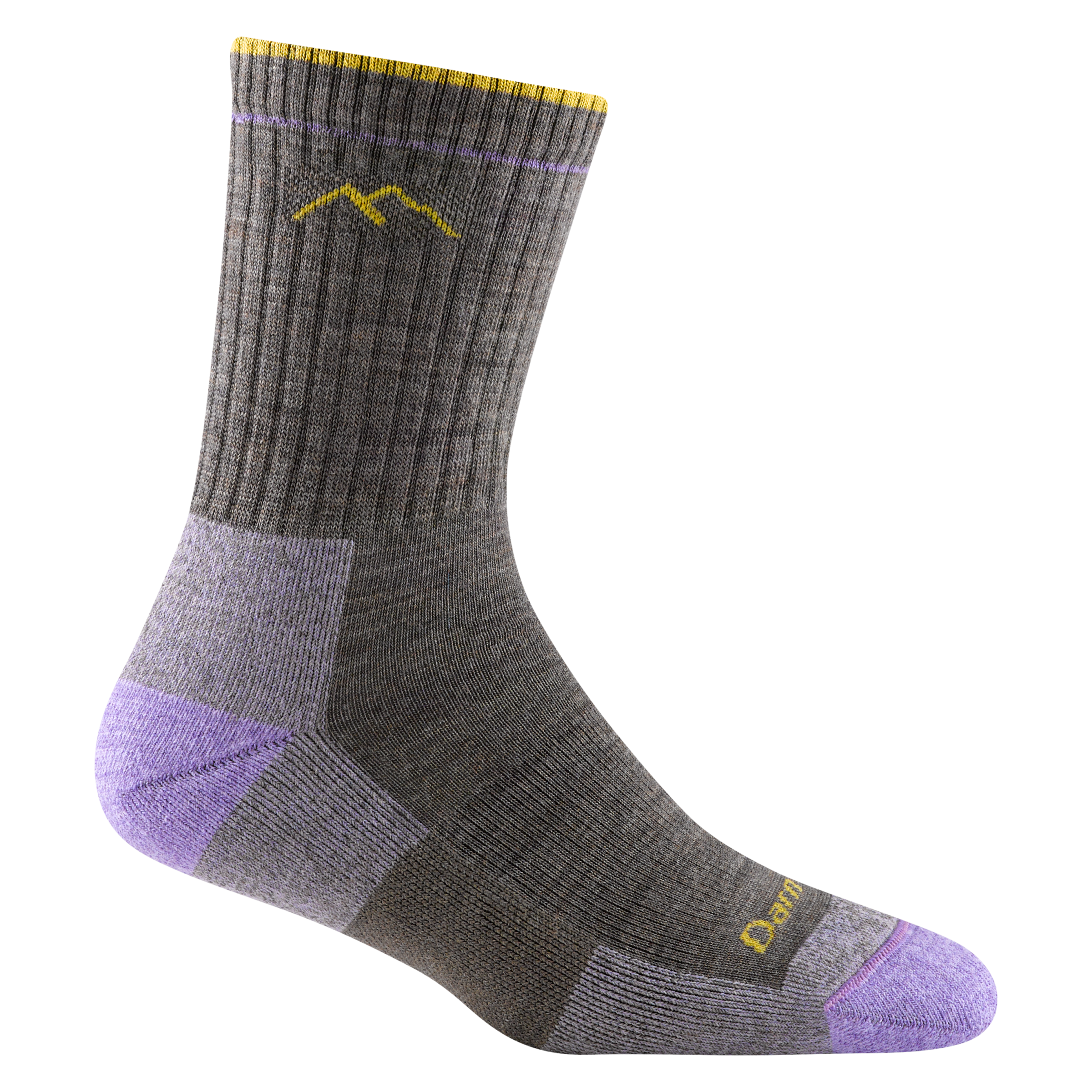 1903 women's micro crew hiking sock in taupe with lavender toe/heel accents and yellow darn tough signature on forefoot