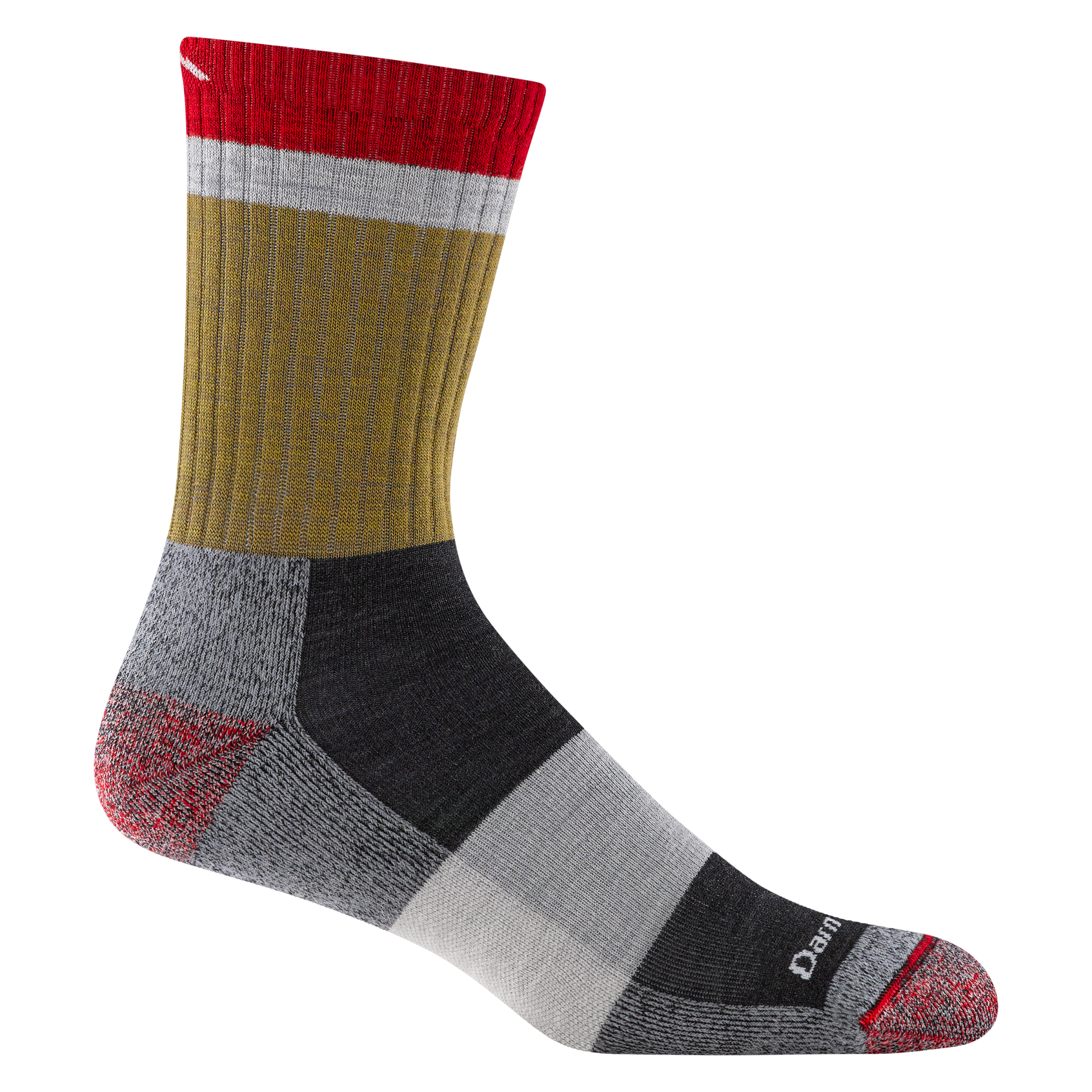 1924 men's heady stripe micro crew hiking sock in ash with red/gray toe/heel accents and black/ white/gray forefoot