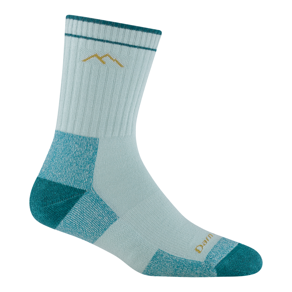 1929 women's coolmax micro crew hiking sock in glacier with teal toe/heel accents and yellow mountain logo