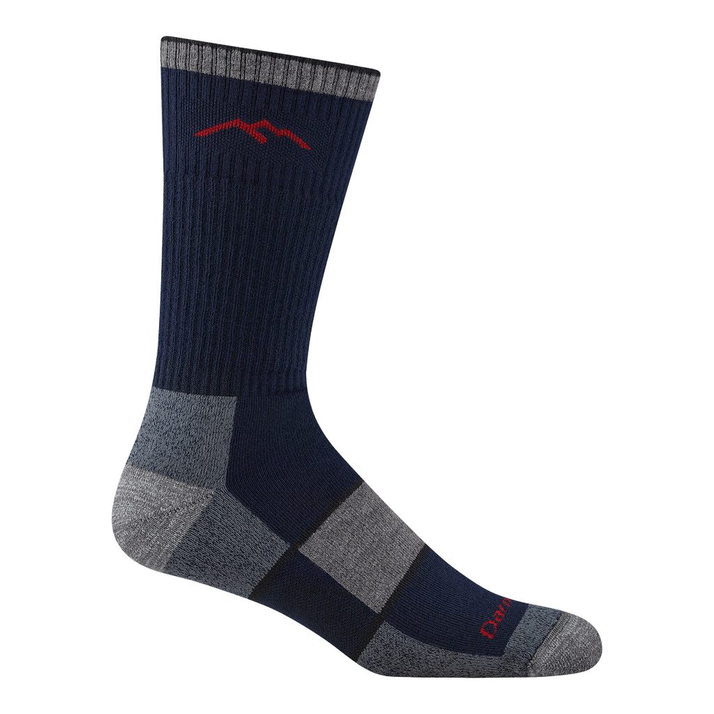 1933 men's coolmax boot hiking sock in navy with gray toe/heel accents and color block on forefoot red logo 