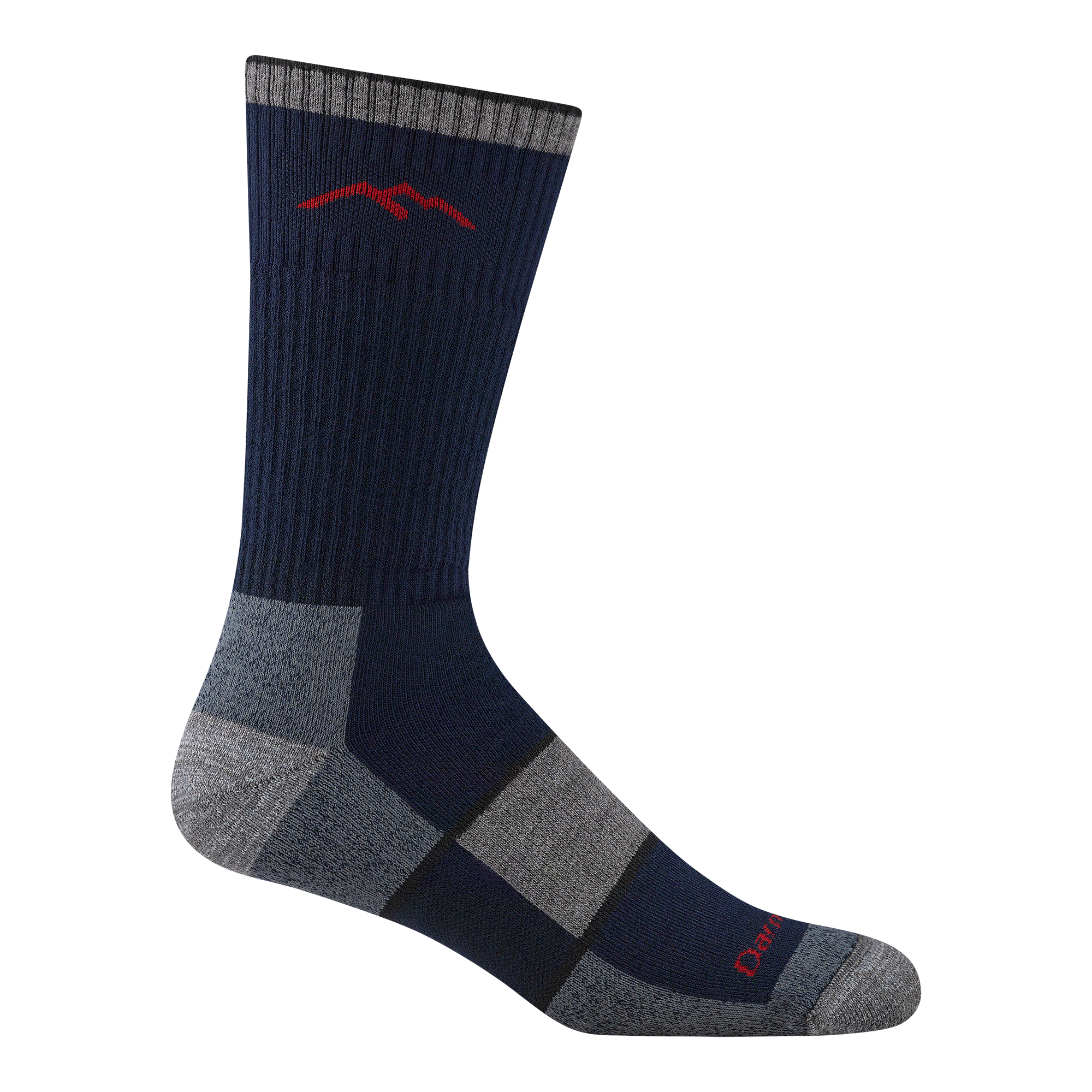 1933 men's coolmax boot hiking sock in navy with gray toe/heel accents and color block on forefoot red logo 