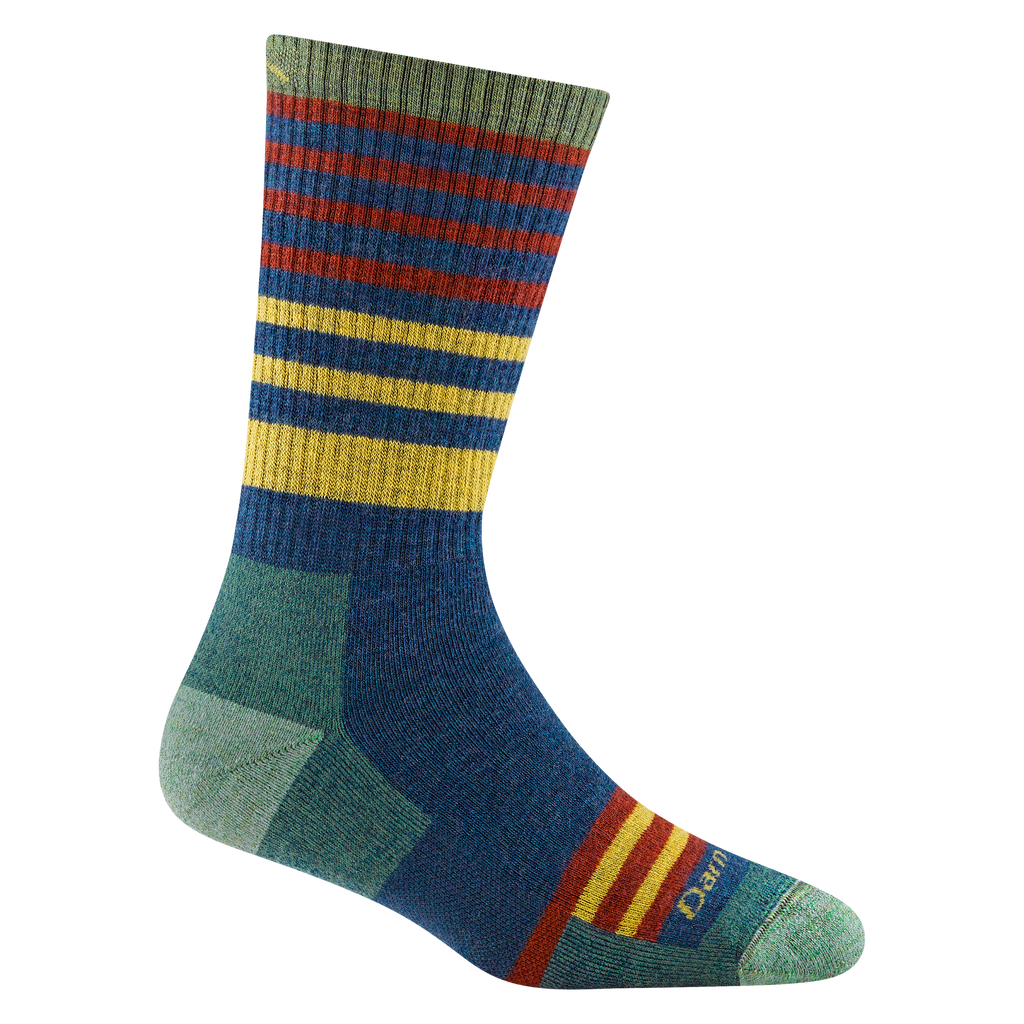 1946 women's gatewood boot hiking sock in color indigo with light green toe/heel accents and orange and yellow striping 