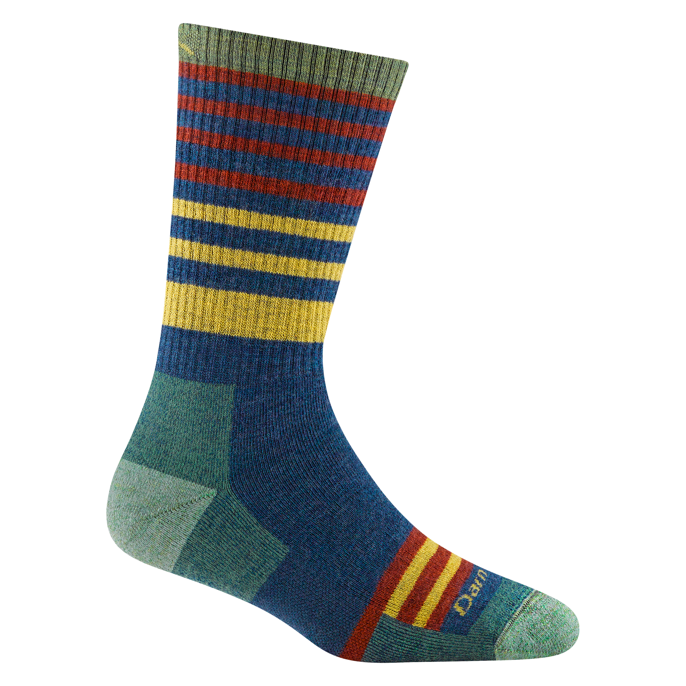 1946 women's gatewood boot hiking sock in color indigo with light green toe/heel accents and orange and yellow striping 