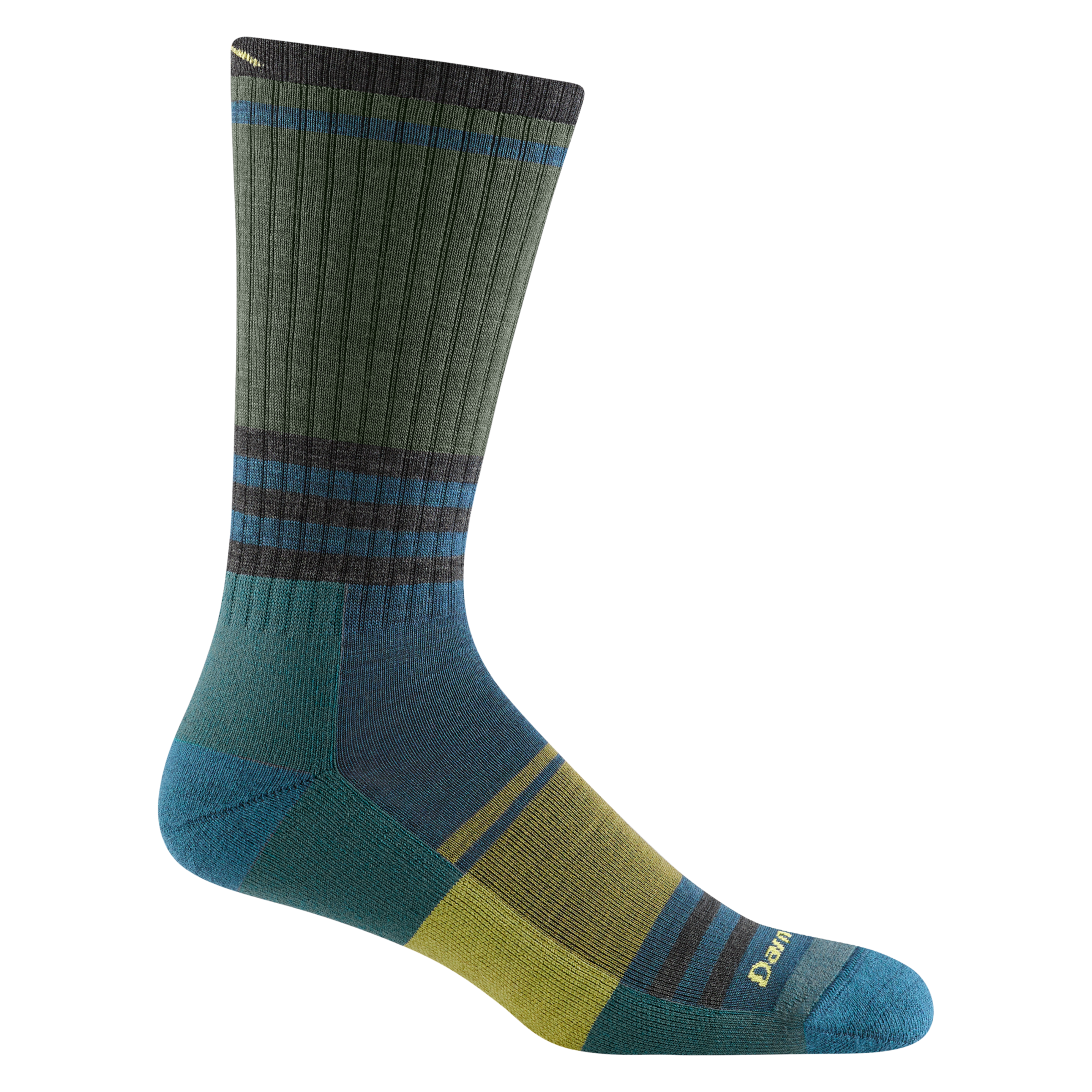 1952 men's spur boot hiking sock in forest green with teal accents, yellow forefoot block and brown leg striping
