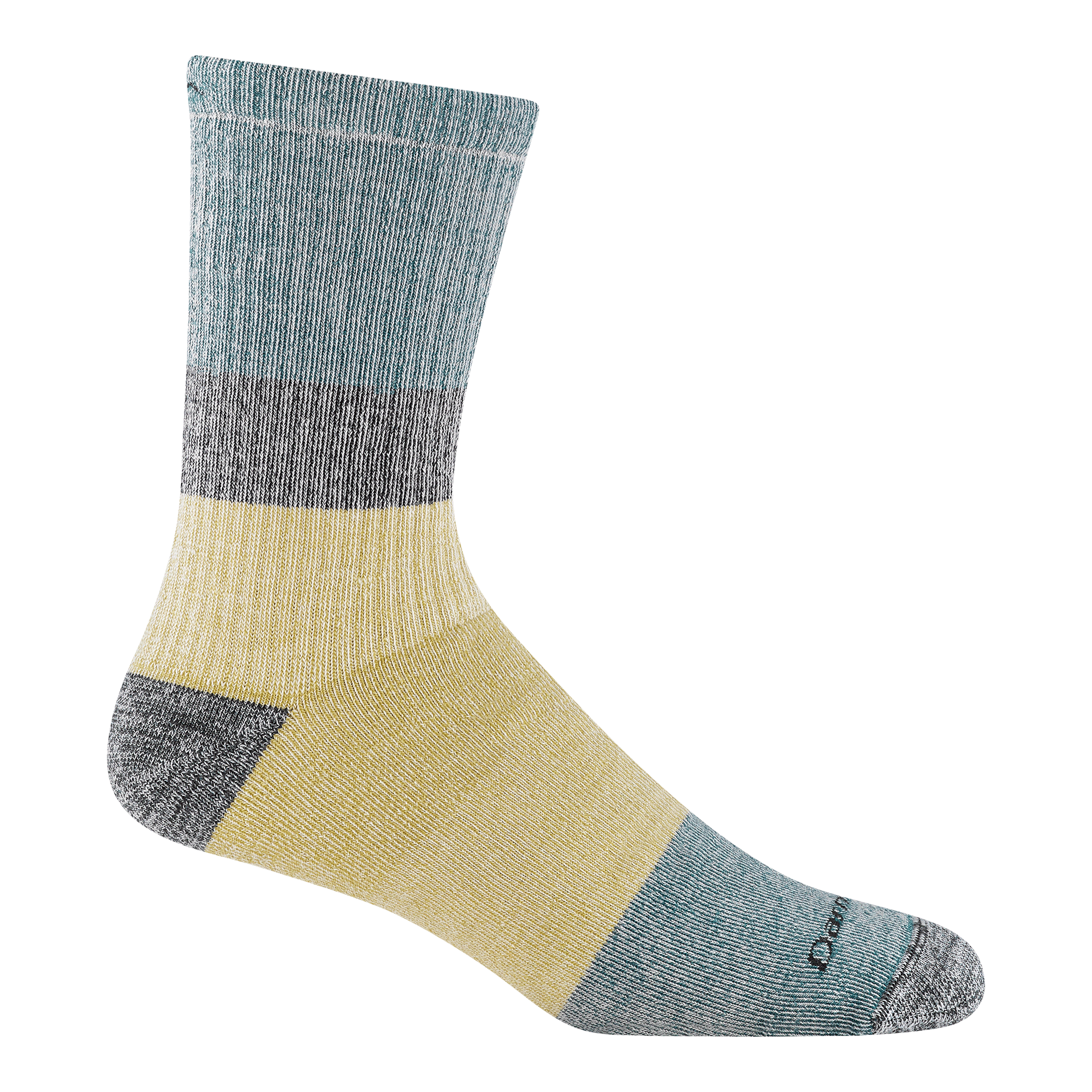 1953 men's mountaineering micro crew hiking sock in geyser with gray toe/heel accents yellow and blue color blocks on body 