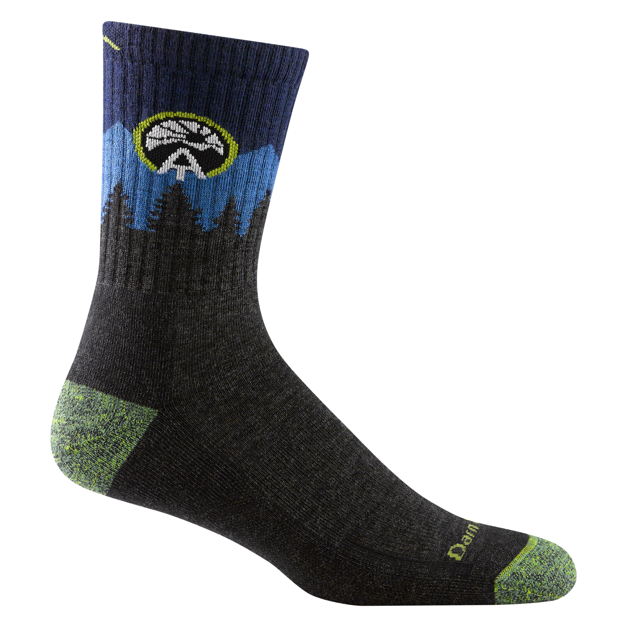 1956 unisex ATC micro crew hiking sock in color dark gray with green accents, blue calf, and tree silhouette design