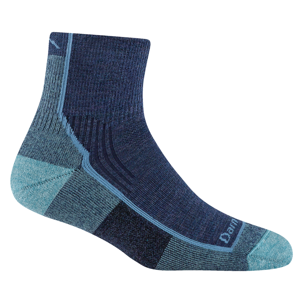 1958 women's quarter hiking sock in color blue jay with aqua toe/heel accents and light blue detail and logo