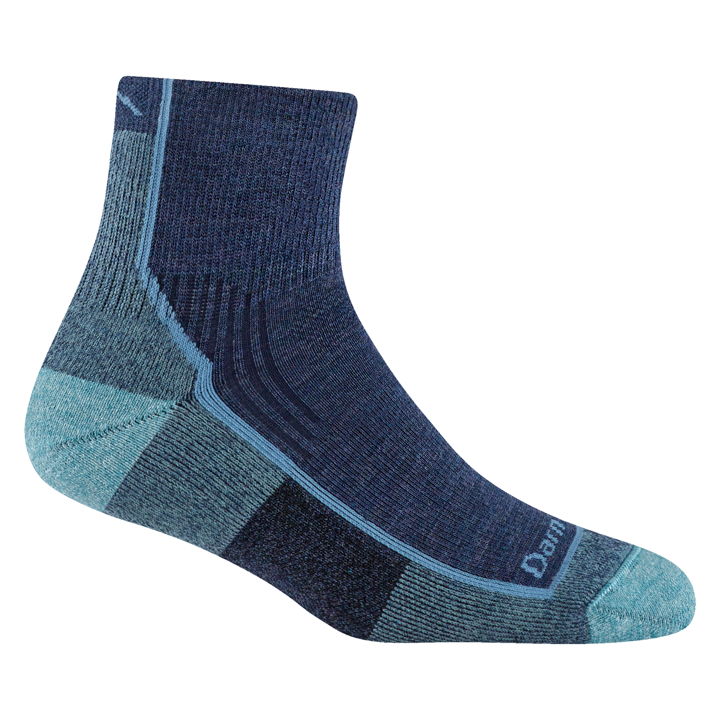 1958 women's quarter hiking sock in color blue jay with aqua toe/heel accents and light blue detail and logo