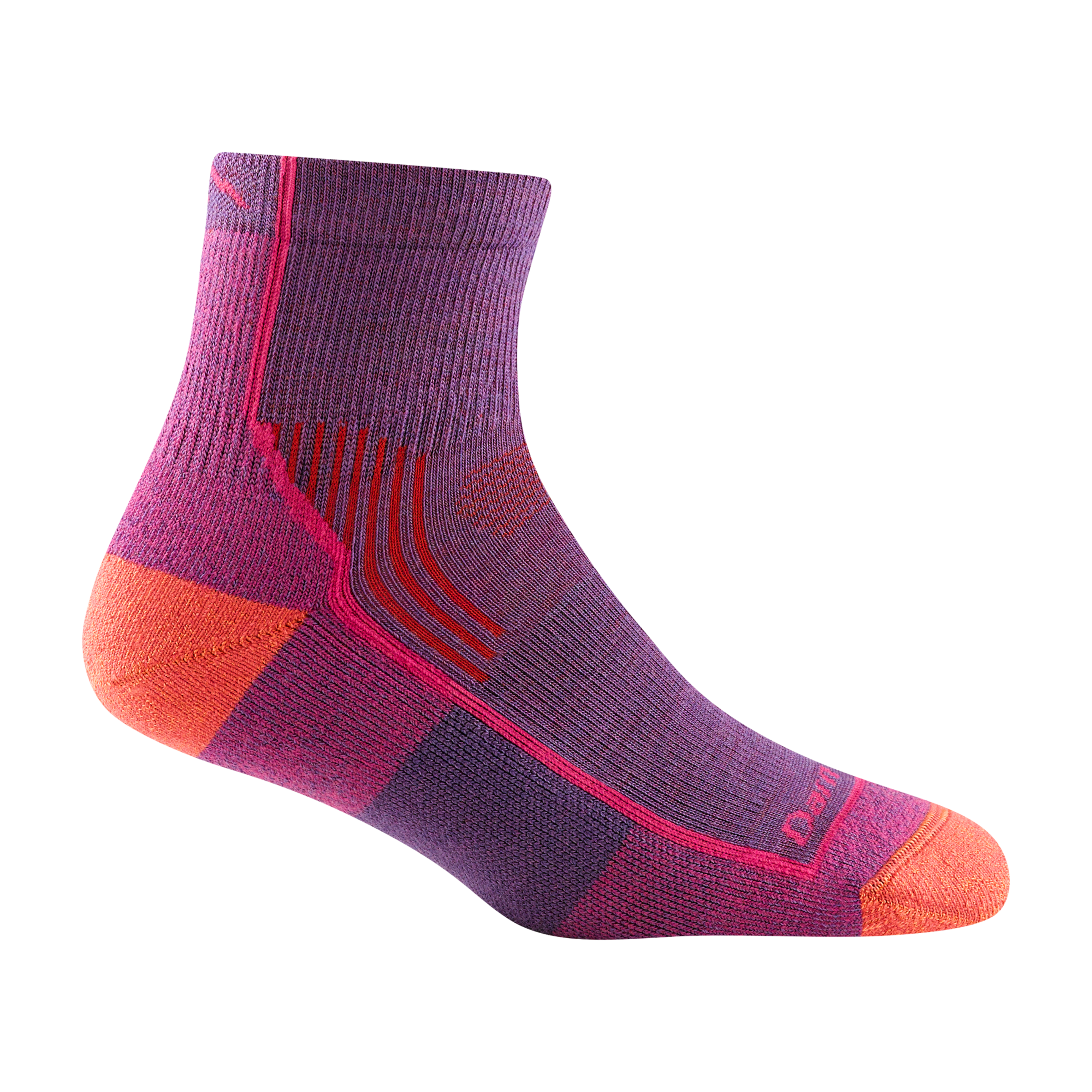 1958 women's quarter hiking sock in color berry purple with coral toe/heel accents and pink forefoot outline