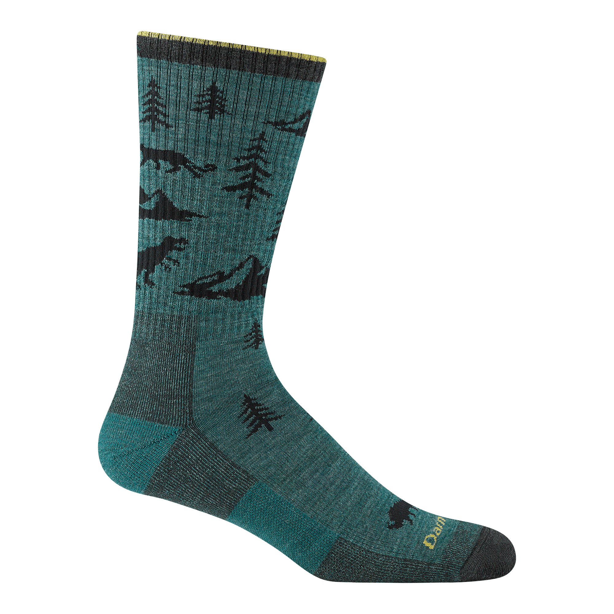1964 men's ABC boot hiking sock in color teal green with black and yellow accents with forest and animal designs 