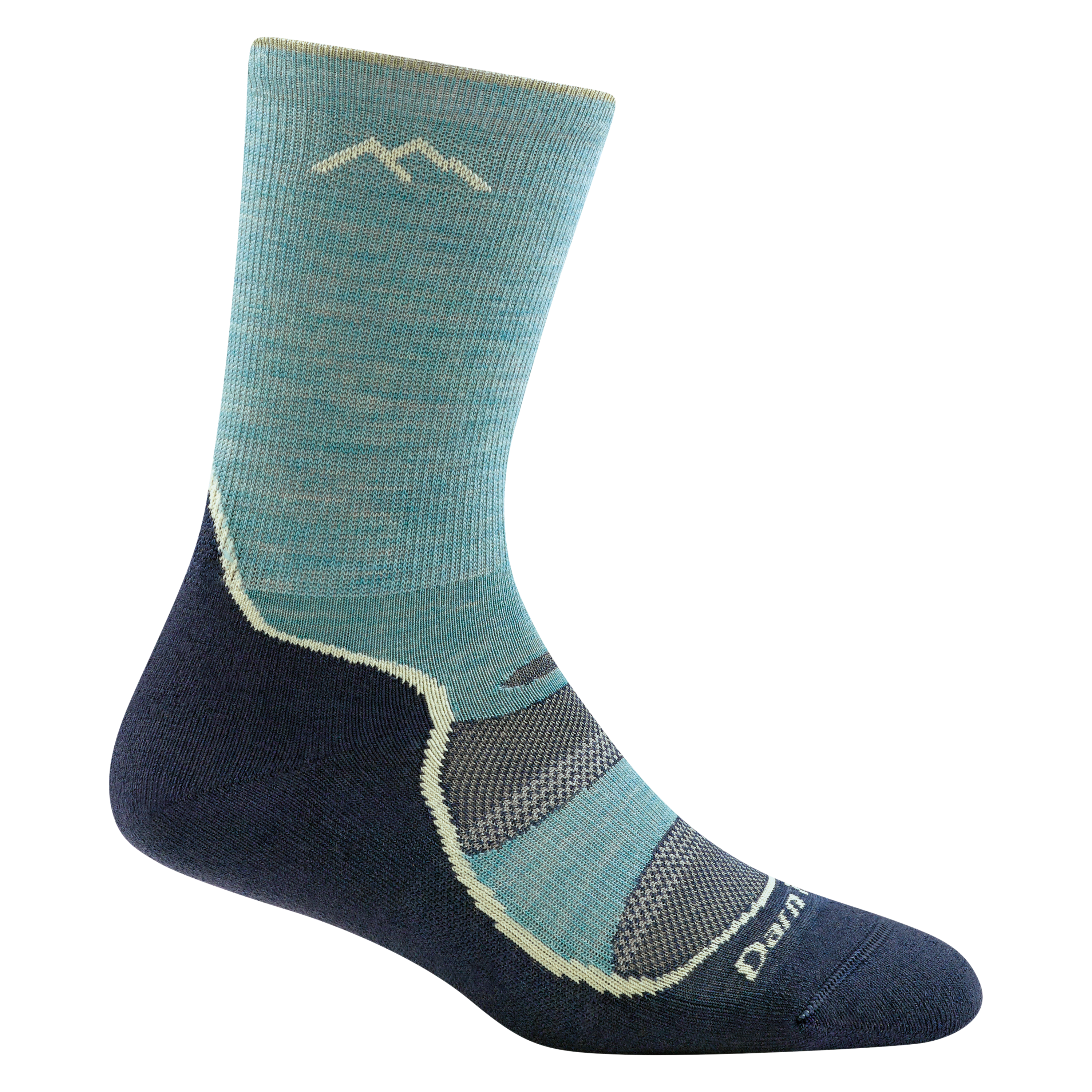 1967 women's light hiker micro crew hiking socks in aqua with navy blue bottom and seafoam green stripe on forefoot