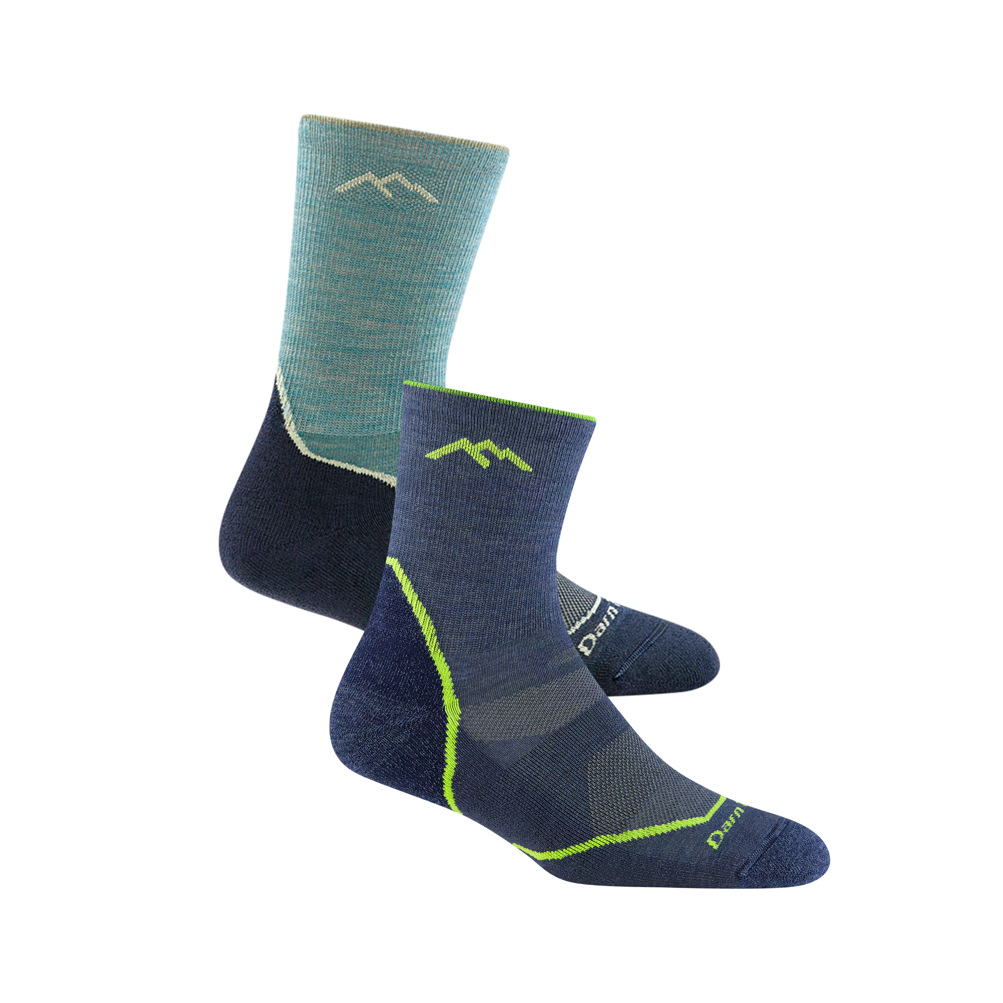 2 pack bundle including the women's light hiker micro crew hiking sock in aqua and the kids light hiker micro crew hiking sock in denim blue