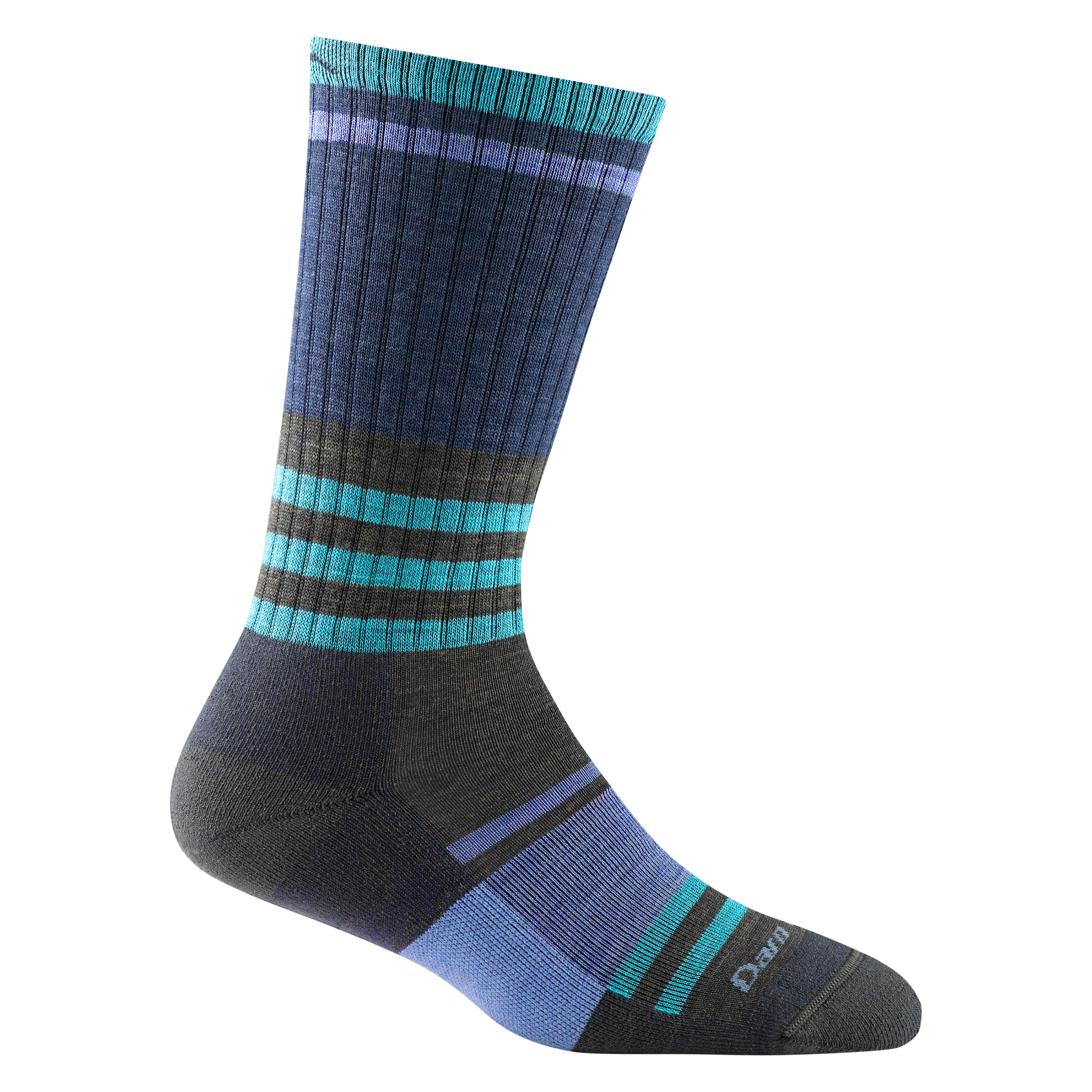 1969 women's her spur boot hiking sock in color gray with purple color block on forefoot and light blue striping