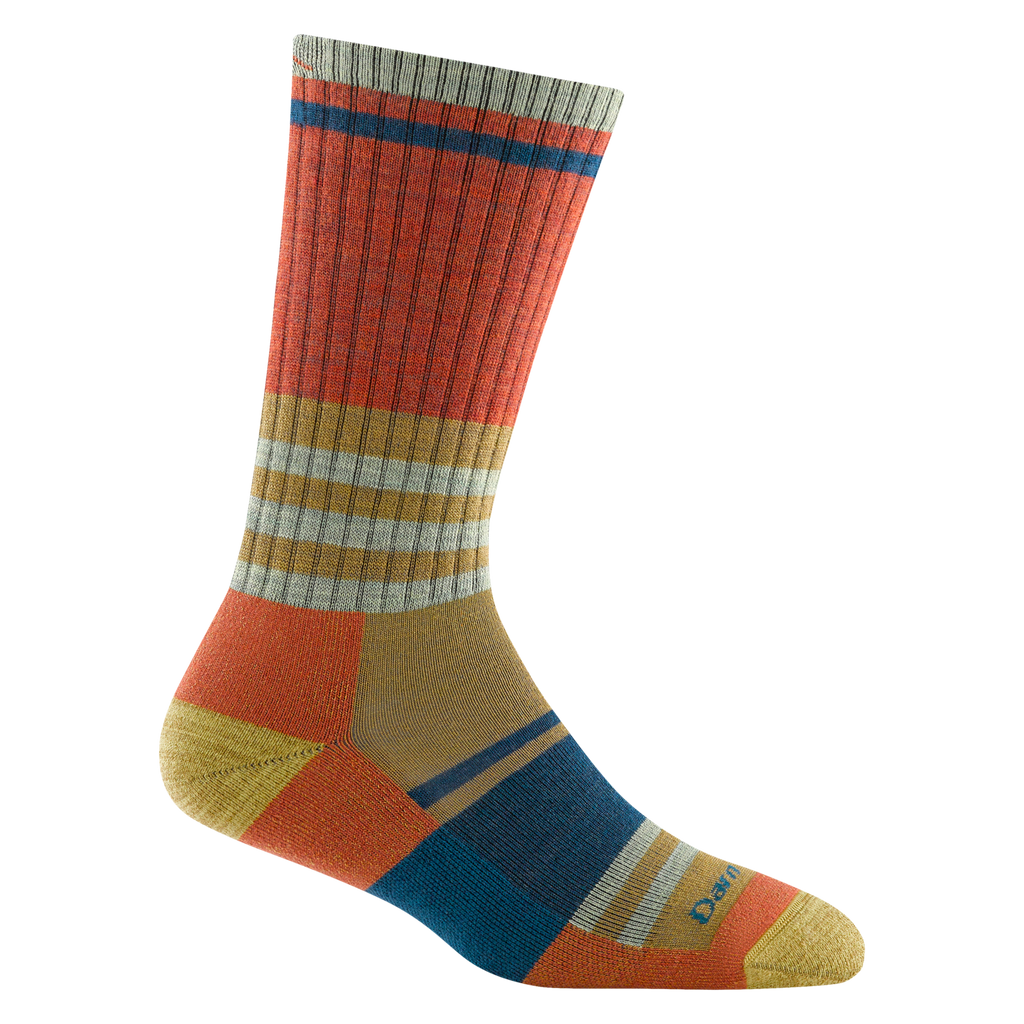 1969 women's her spur boot hiking sock in sandstone with yellow toe/heel accents and blue and gray striping