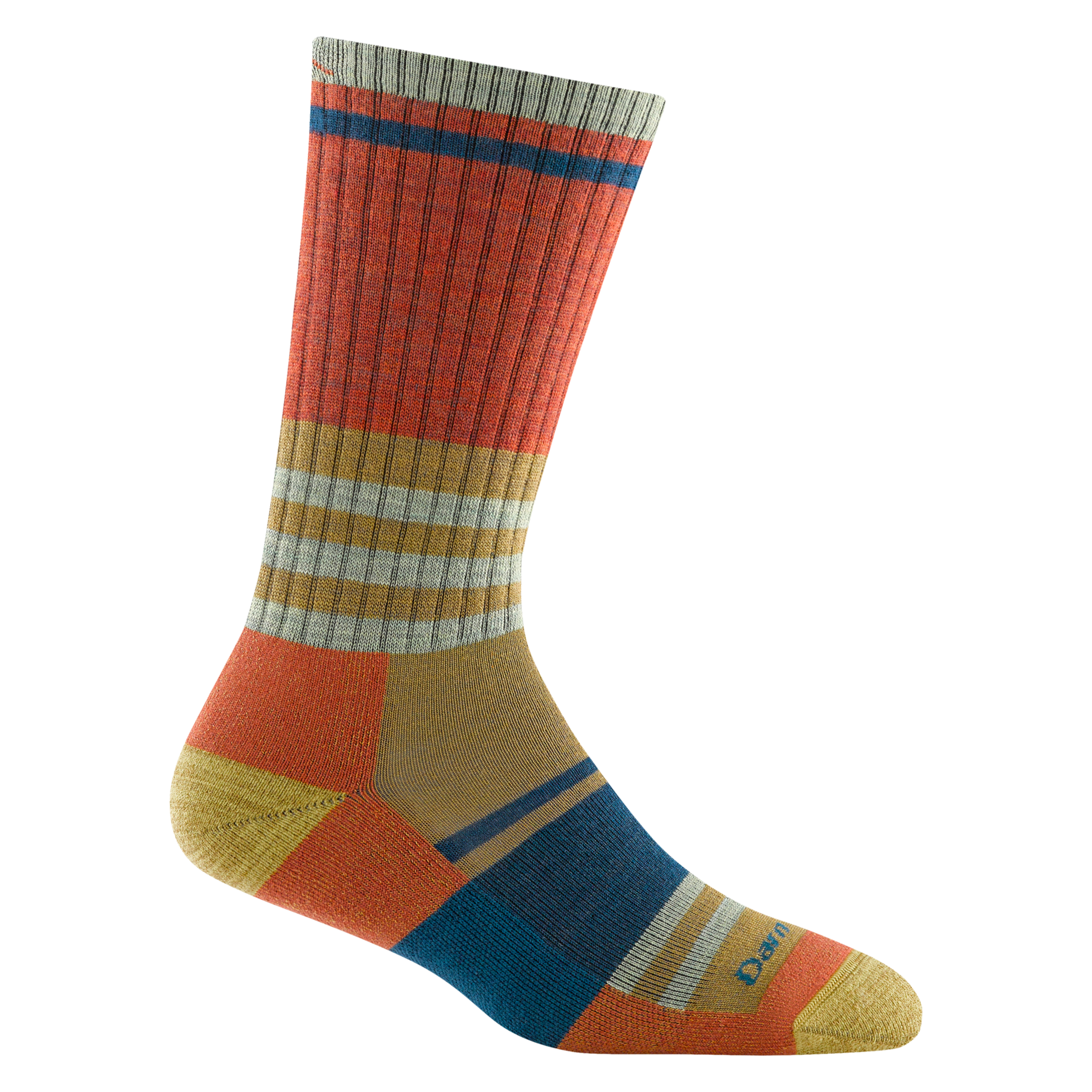 1969 women's her spur boot hiking sock in sandstone with yellow toe/heel accents and blue and gray striping