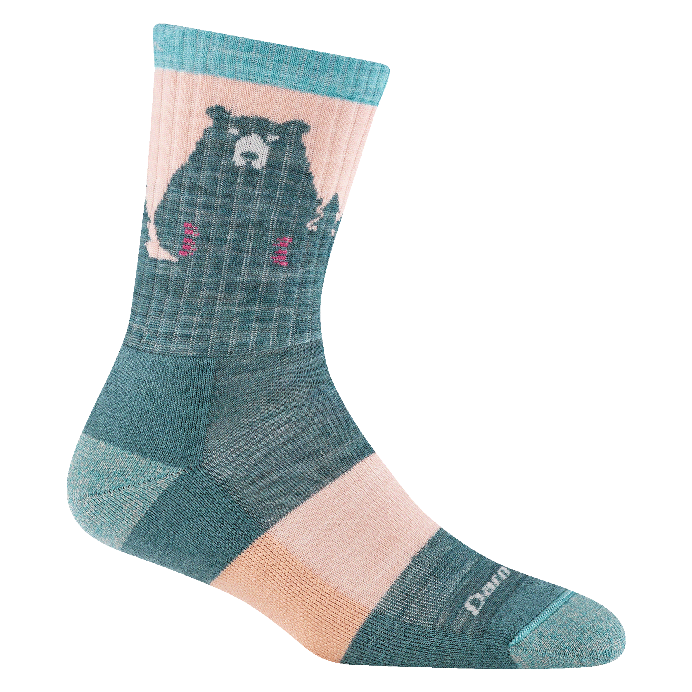 1970 women's bear town micro crew hiking sock in color quartz with pink accents and aqua heel/toe