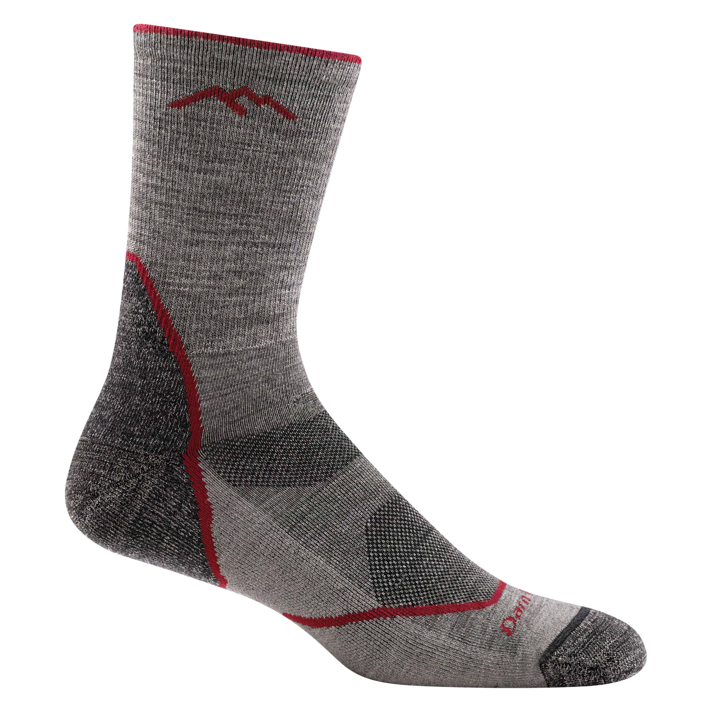 1972 men's light hiker micro crew hiking sock in color taupe with gray accents and red stripe on heel and forefoot