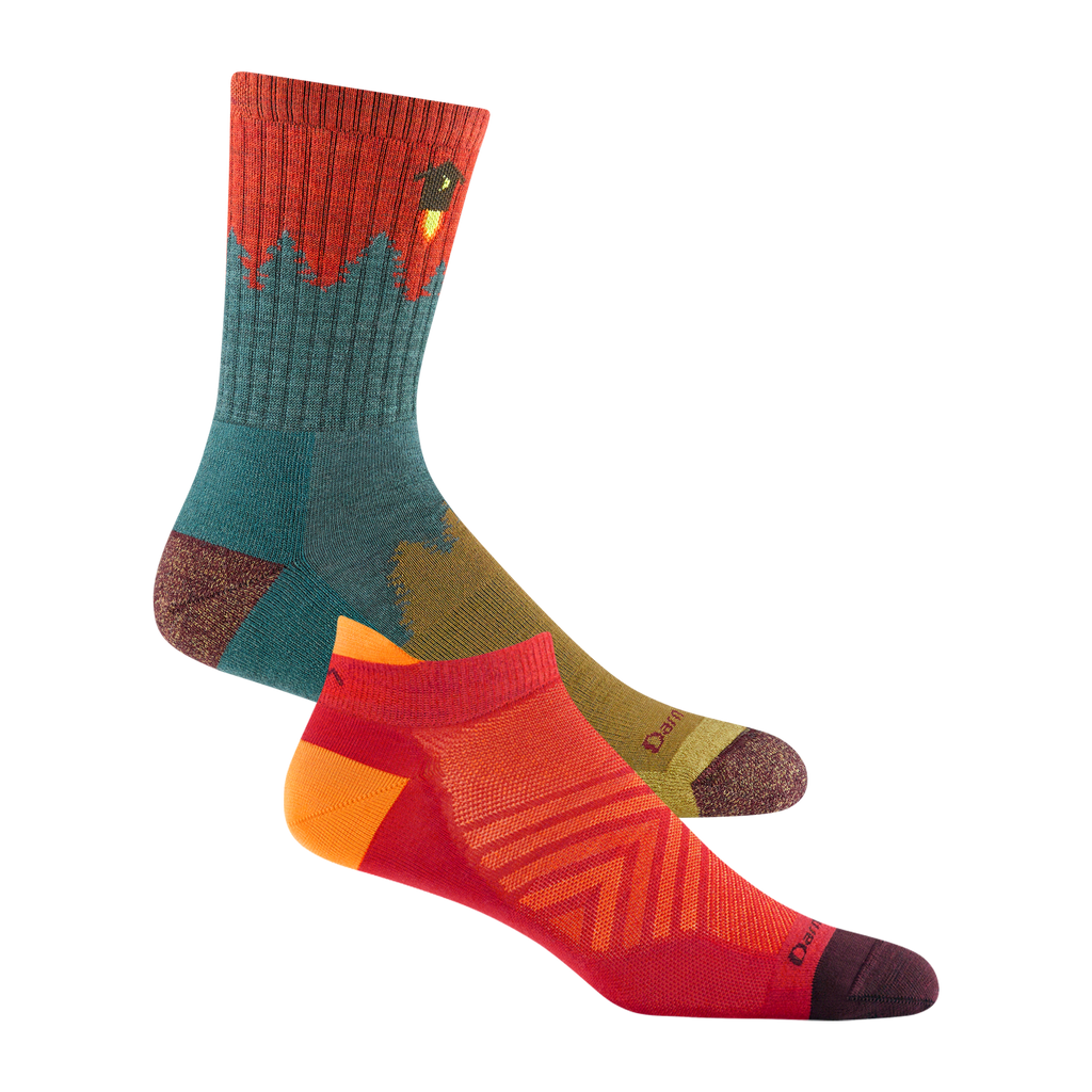 Bundle shot of 1974 Number 2 Micro Crew in teal colorway and 1033 No Show running sock in Race Red colorway