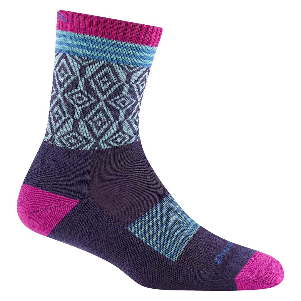 1977 women's sobo micro crew hiking sock in blackberry with fuchsia toe/heel accents, blue striping, and grey diamond design