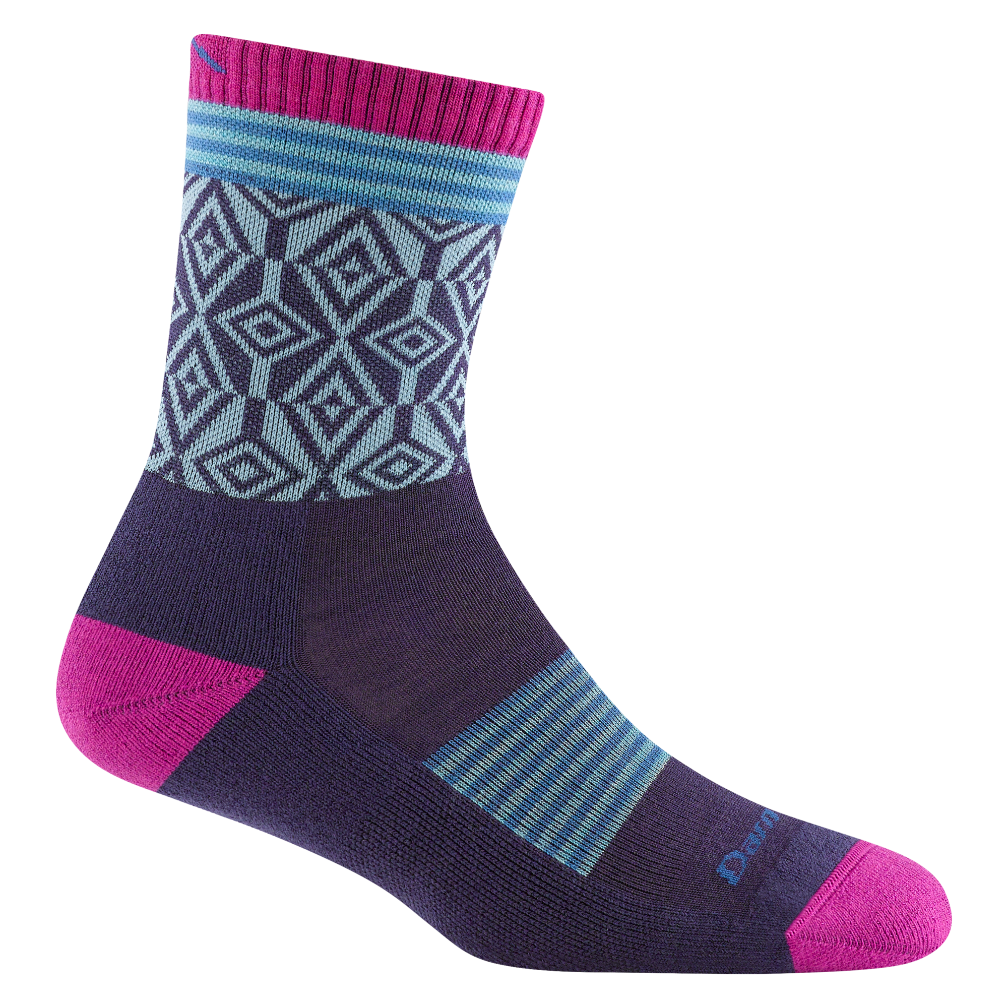 1977 women's sobo micro crew hiking sock in blackberry with fuchsia toe/heel accents, blue striping, and grey diamond design