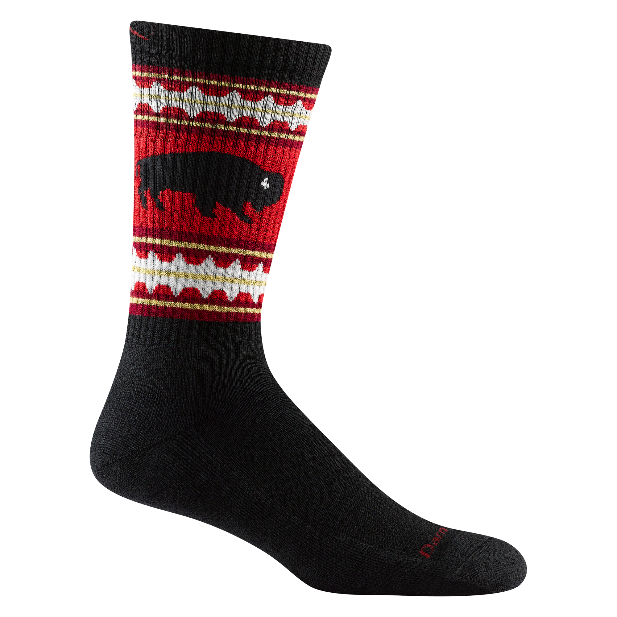 1980 men's vangrizzle boot hiking sock in black with red, white and yellow striping around calf and black buffalo design