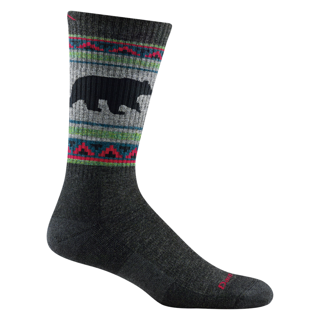 1980 men's vangrizzle boot hiking sock in color charcoal with green/blue/red striping around calf and black bear design