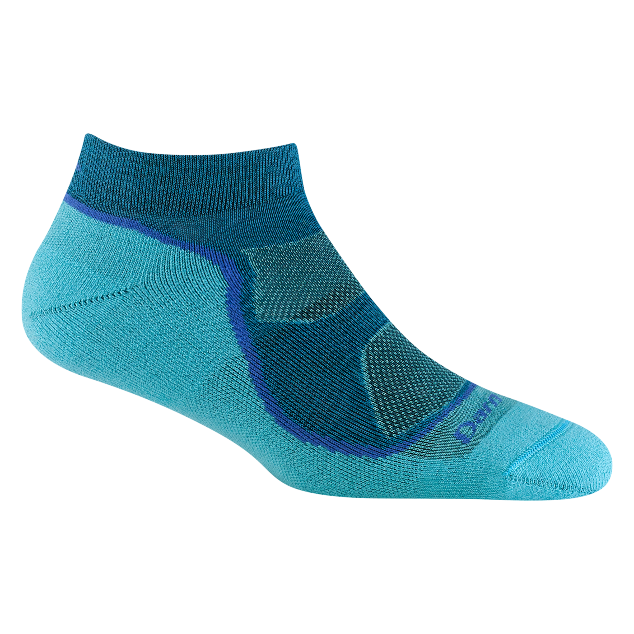 1987 women's light hiker no show hiking sock in cascade blue with teal underfoot and royal blue forefoot outline