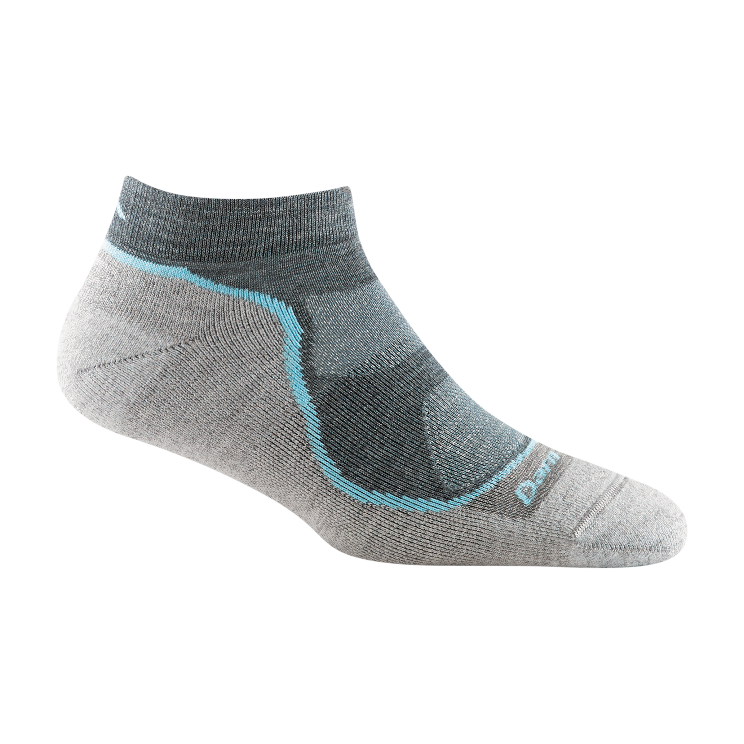 1986 women's light hiker no show hiking sock in slate gray with light gray bottom and light blue stripe down forefoot