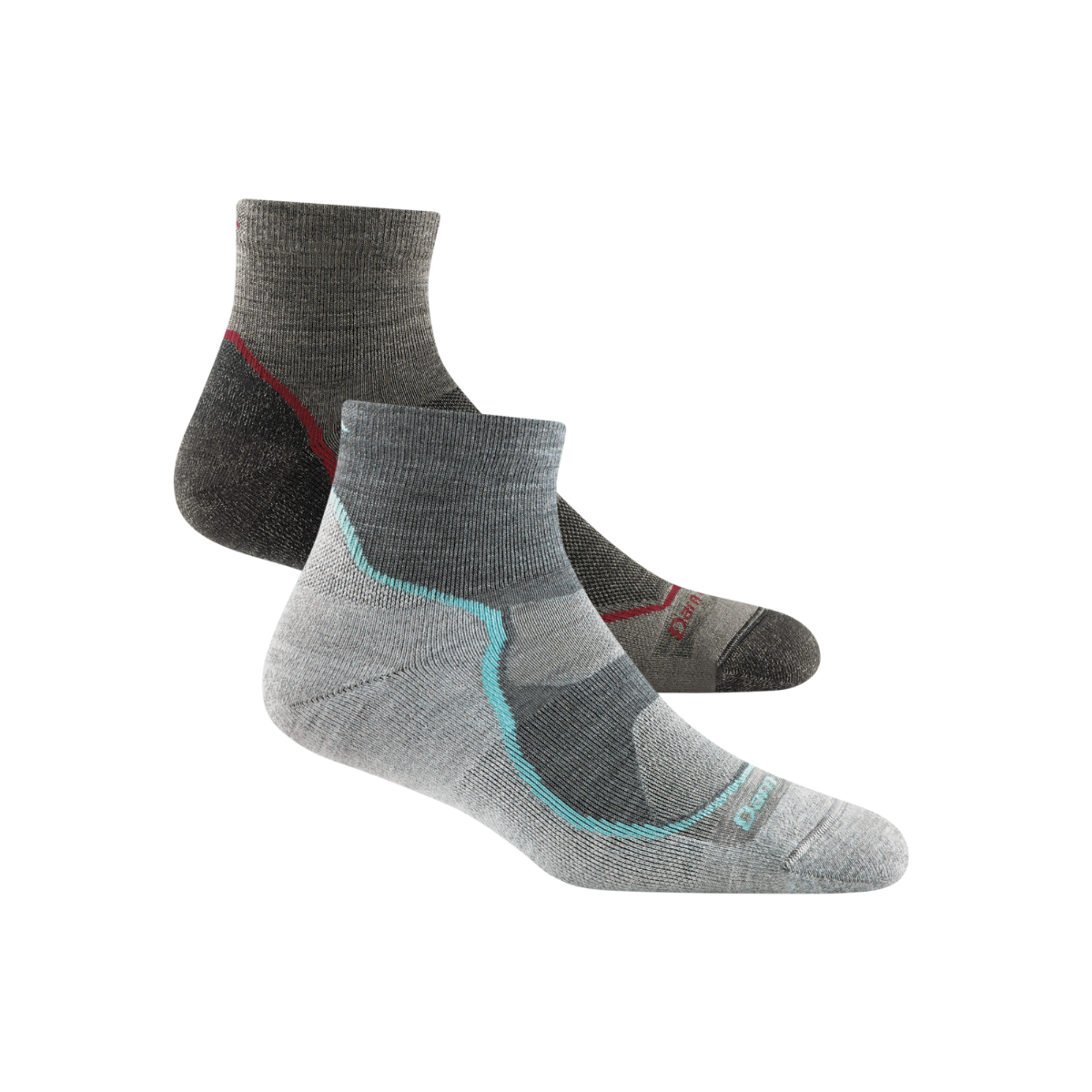 2 pack bundle shot including women's slate and men's taupe light quarter hiking sock 