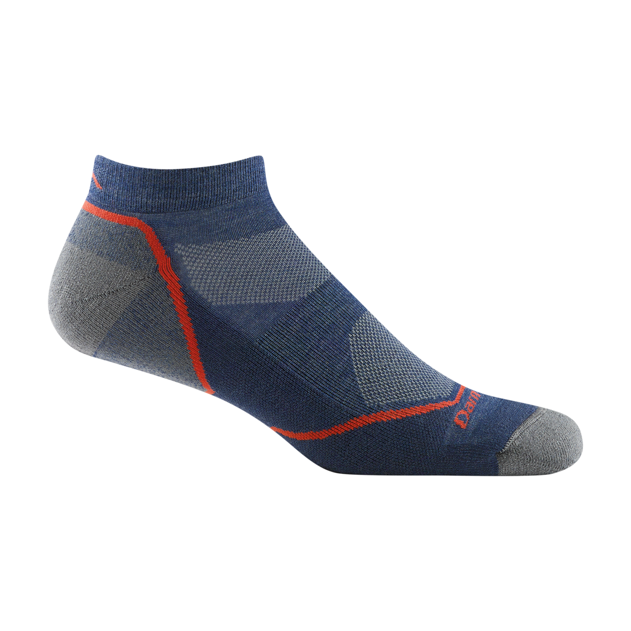 1990 men's light hiker no show hiking sock in color denim blue with orange stripe on heel and forefoot