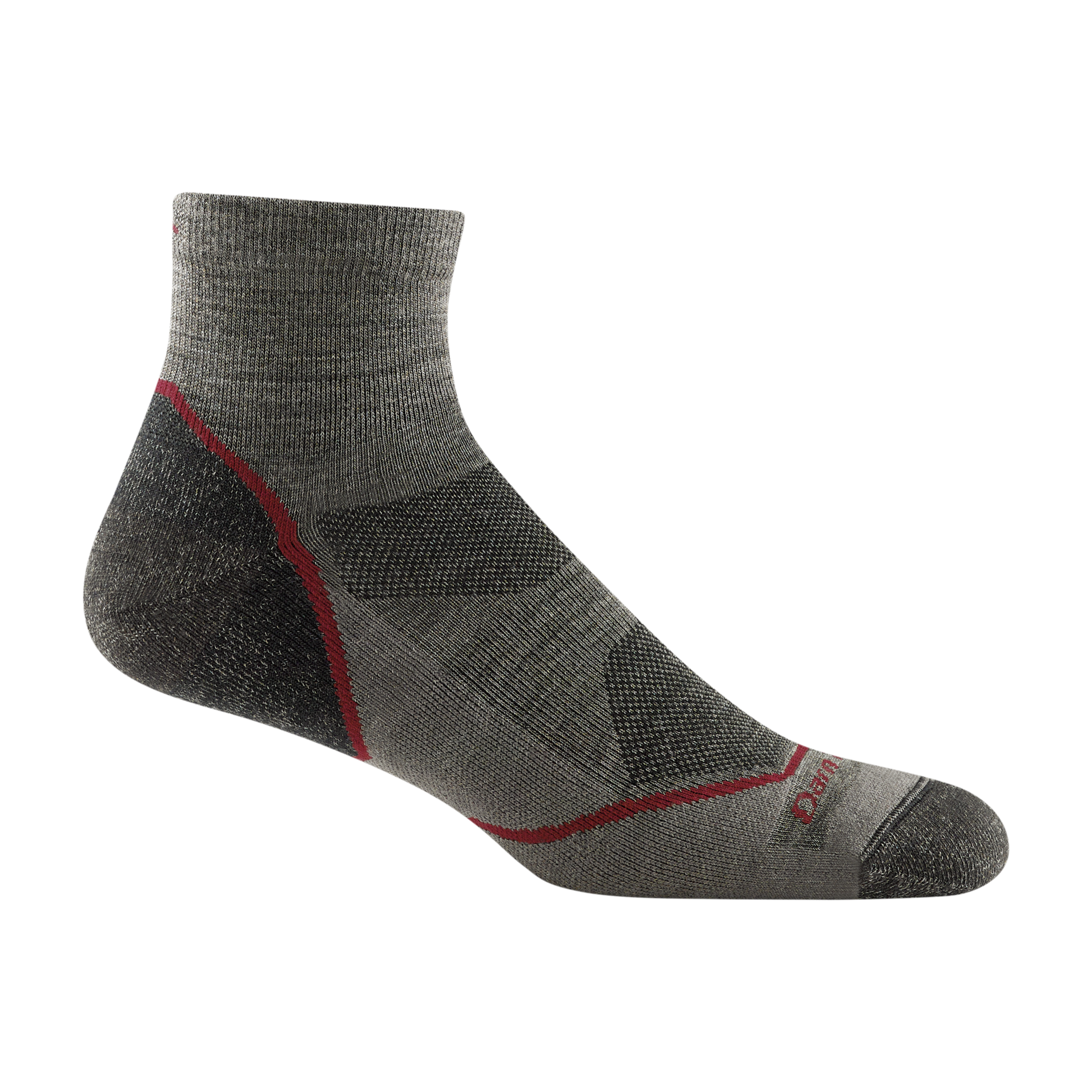 1991 men's light hiker quarter hiking sock in taupe with dark grey toe/heel accents and red stripe on heel and forefoot