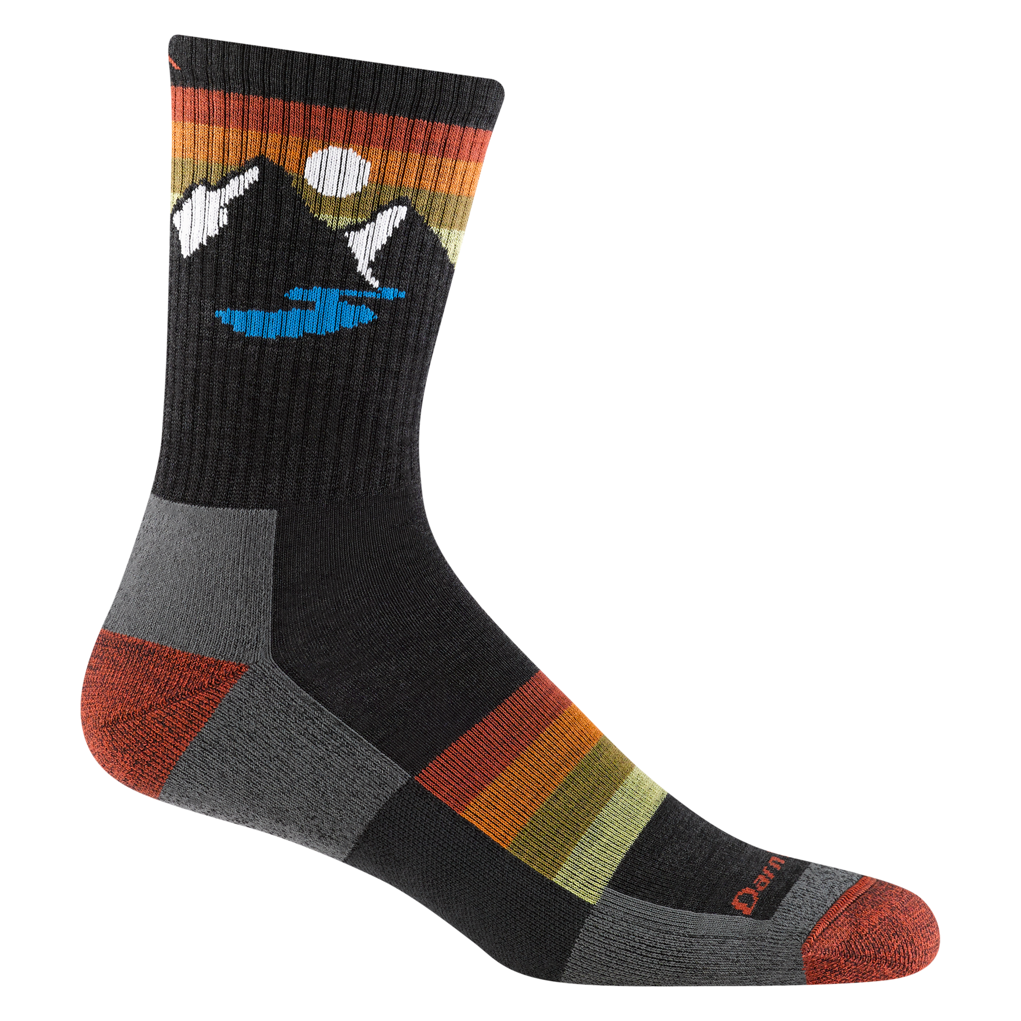 1997 men's sunset ridge micro crew hiking sock in charcoal with orange toe/heel accents and a mountain silhouette detail