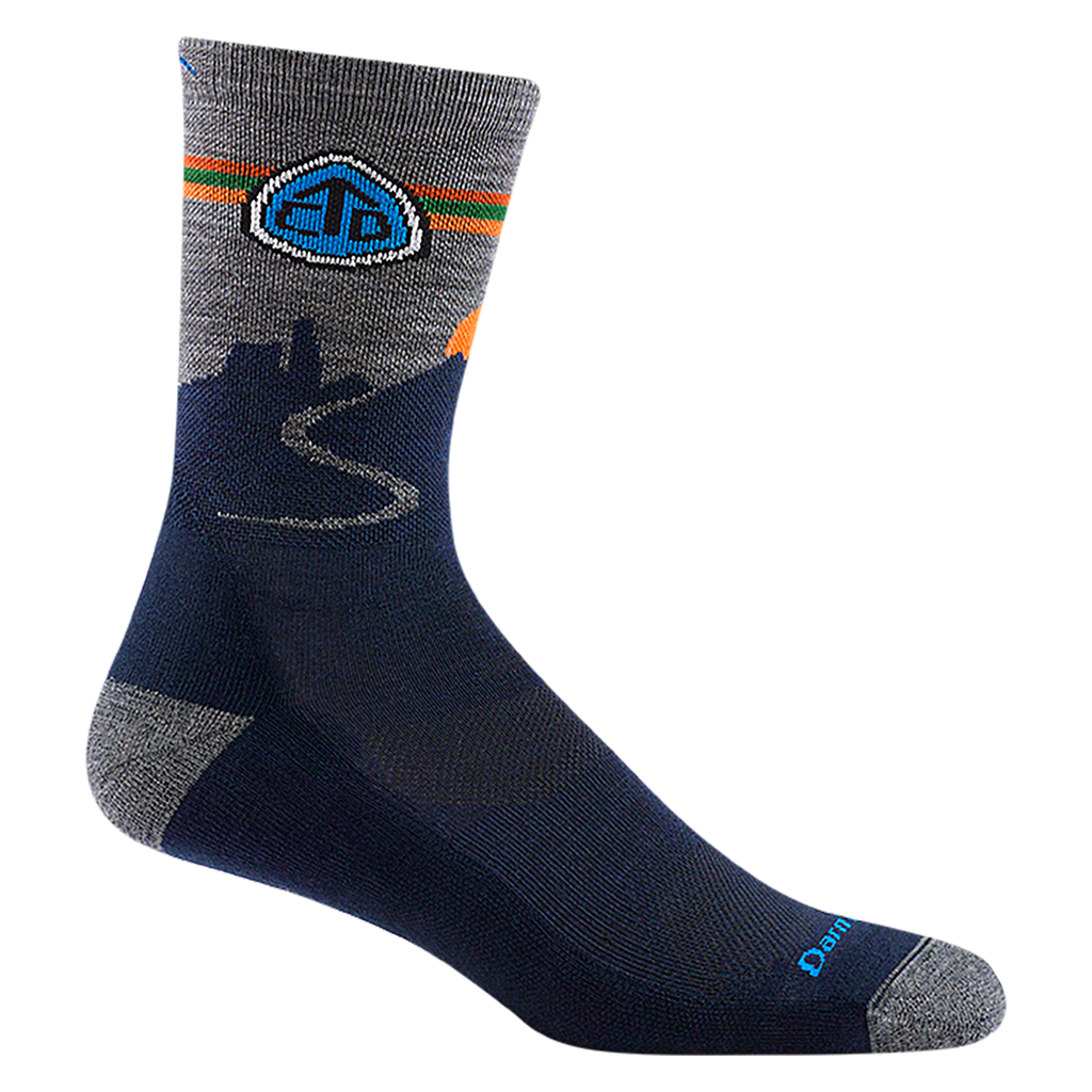 1998 unisex CDT micro crew hiking sock in color navy eclipse with light gray toe/heel accents and orange calf striping
